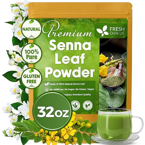 FreshDrinkUS, Polvo de hoja de sena prémium de 32 onzas, 100% natural y puro de hojas de senna, sin aditivos, sin gluten, sin azúcar, vegano