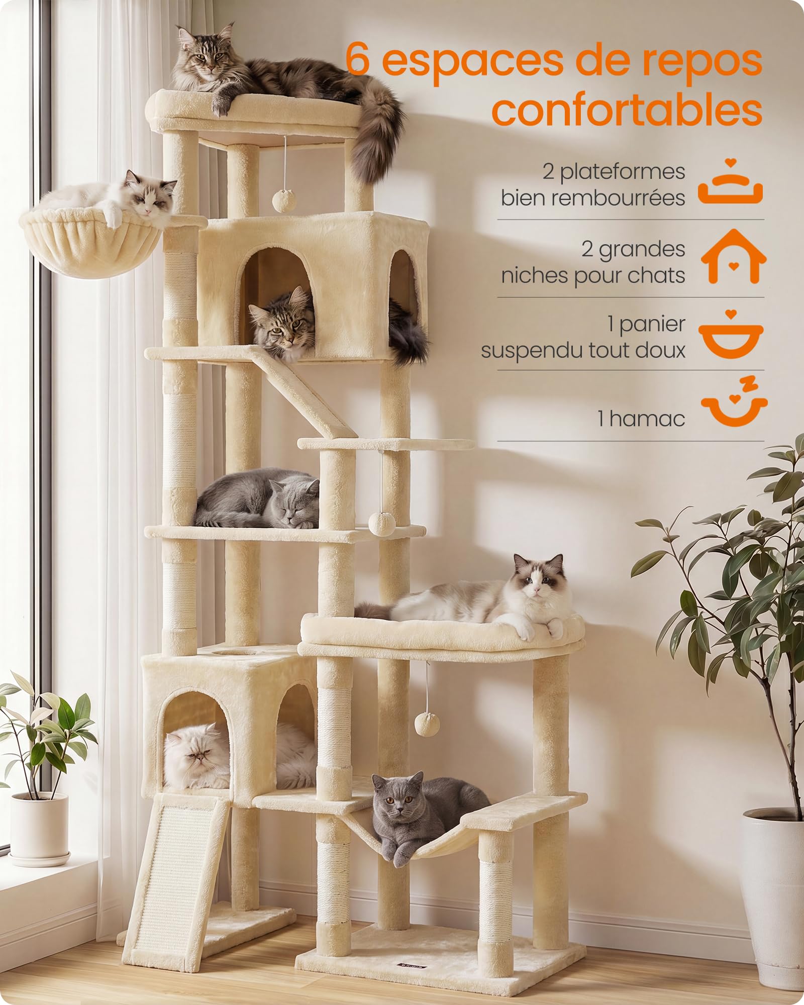 Feandrea Arbre à Chat XXL, Base Double, Poteaux Sisal, 6 Niveaux, Griffoir, 105 x 45 x 202 cm, Beige Clair, Multi-Chats, Collection Clawfy PCT020Y101