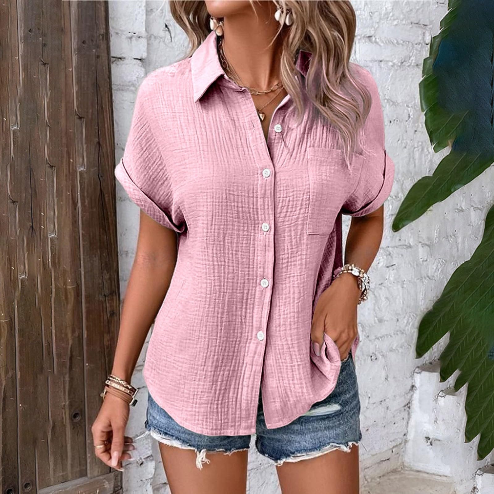 Camicie di lino alla moda con colletto a maniche corte per le donne Button Down Vcation Estate 2026 Camicette di garza casual con maniche dolman top in mussola da spiaggia da donna Primavera abiti