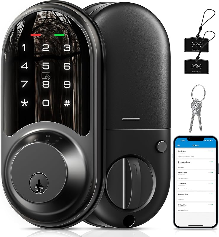 Veise RZ06 Smart Lock for Front Door with App Control, Matte Black | Keyless Entry, 250+ Codes, Manage User, Electronic Deadbolt with Touchscreen Keypad, Auto-Lock, Compatible with Alexa
