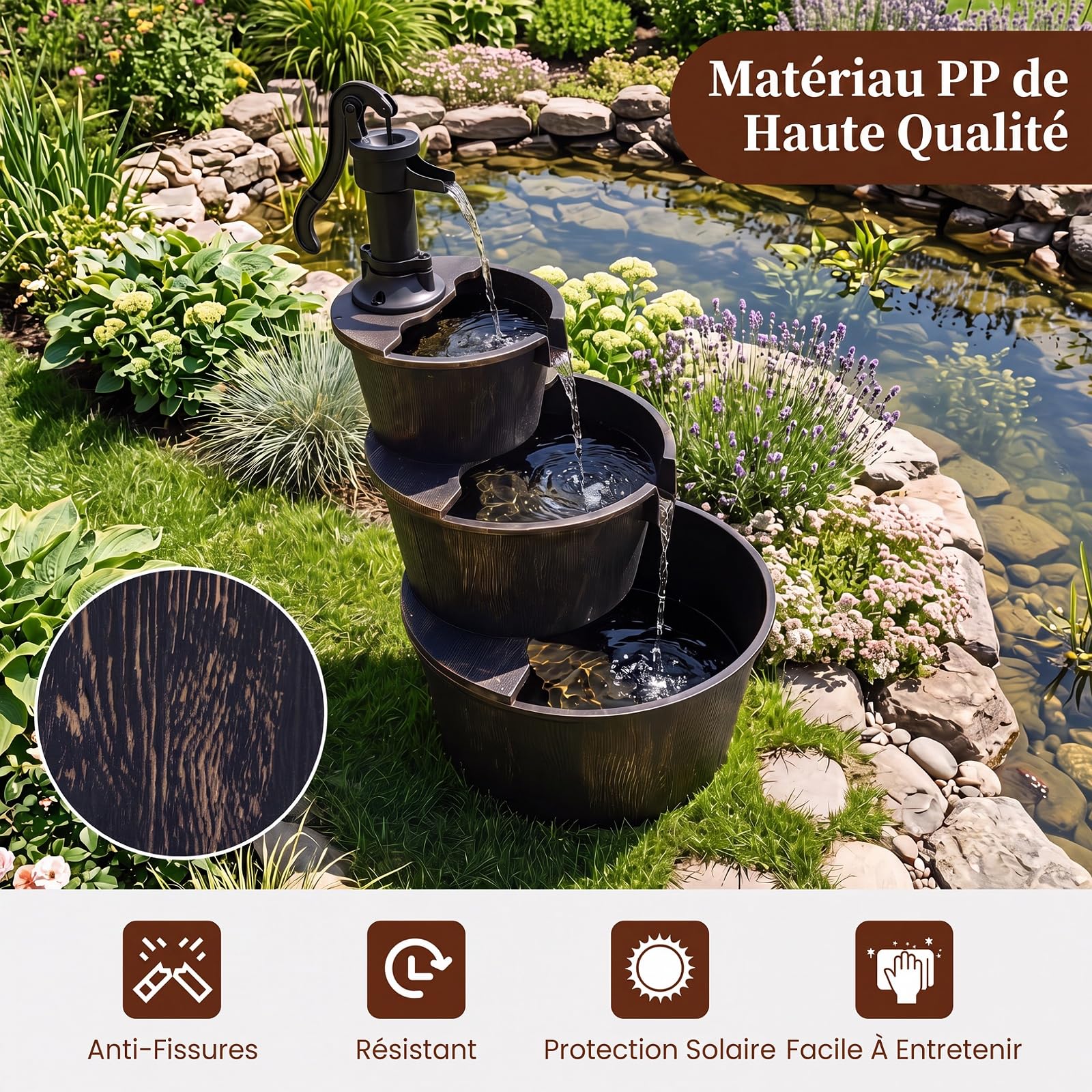 COSTWAY Fontaine de Jardin à 3 Niveaux en Baril avec Pompe Réglable