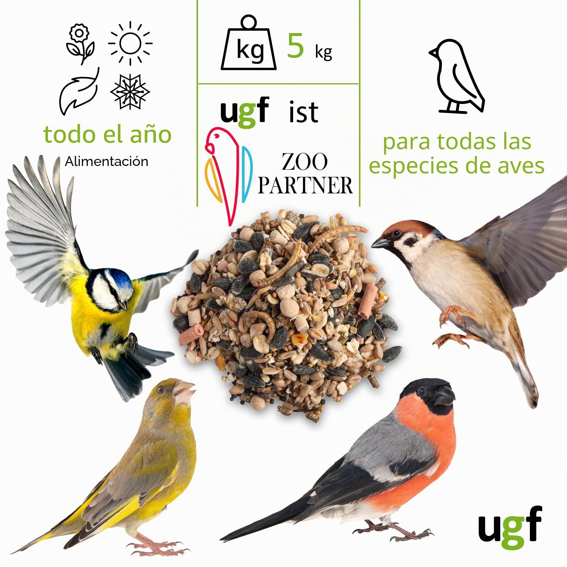 UGF - Alimento para pájaros Salvajes Durante Todo el año 5 kg, Alimento para pájaros Salvajes con Semillas de Girasol, Gusanos de la harina y Otros Nueve Ingredientes