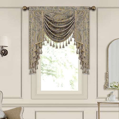 Miniatura 8 de Loom and Mill Cenefa de cascada de jacquard de lujo para sala de estar, cenefas clásicas florales de damasco con borlas, cortinas de festón rojo