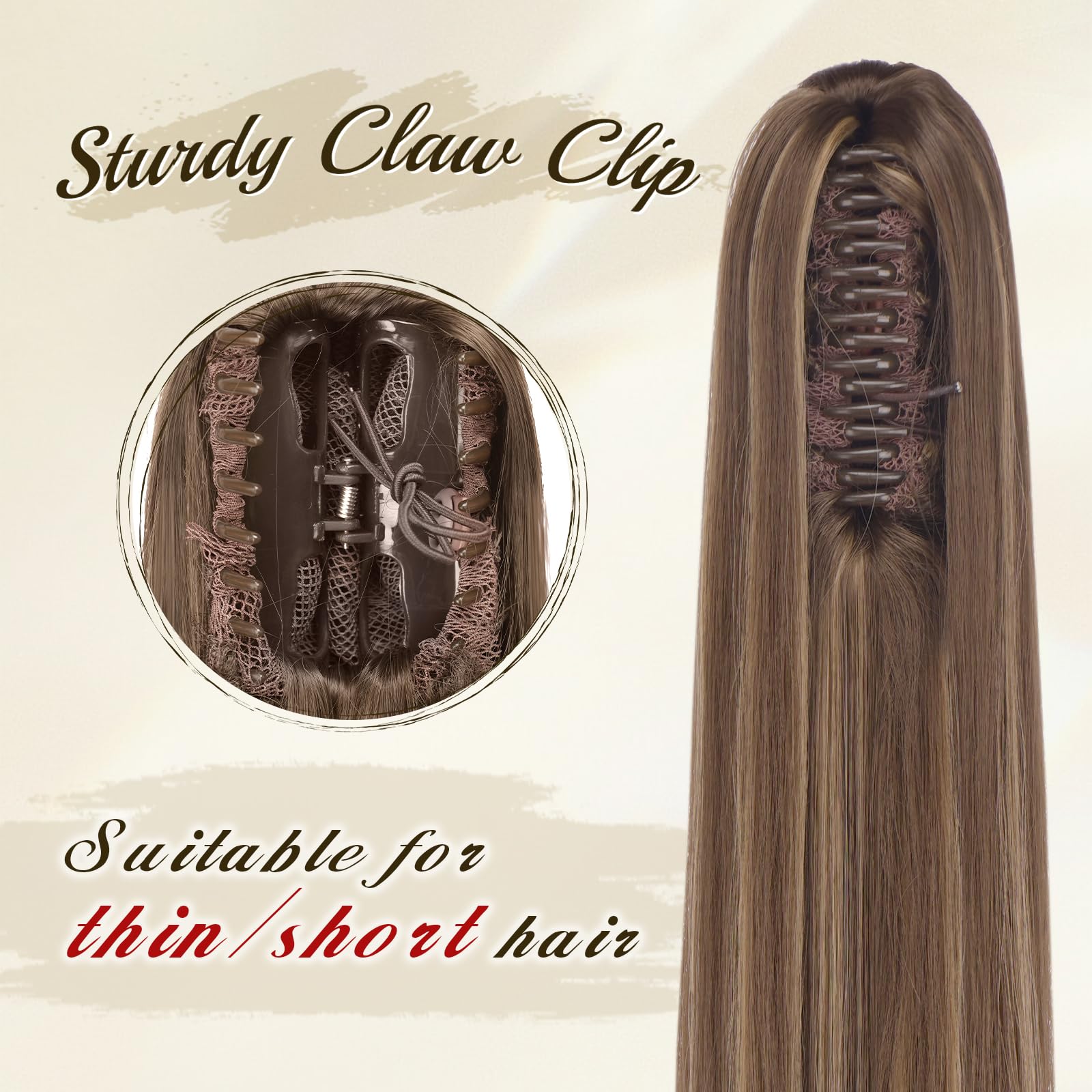 FESHFEN Langer Pferdeschwanz Haarteil - Glatte Zopf Extensions mit Klammer Synthetik Haarverlängerung Claw Clip in Ponytail Haare Extension für Damen, 63 cm Honigblond Gemischt Mit Hellbraun