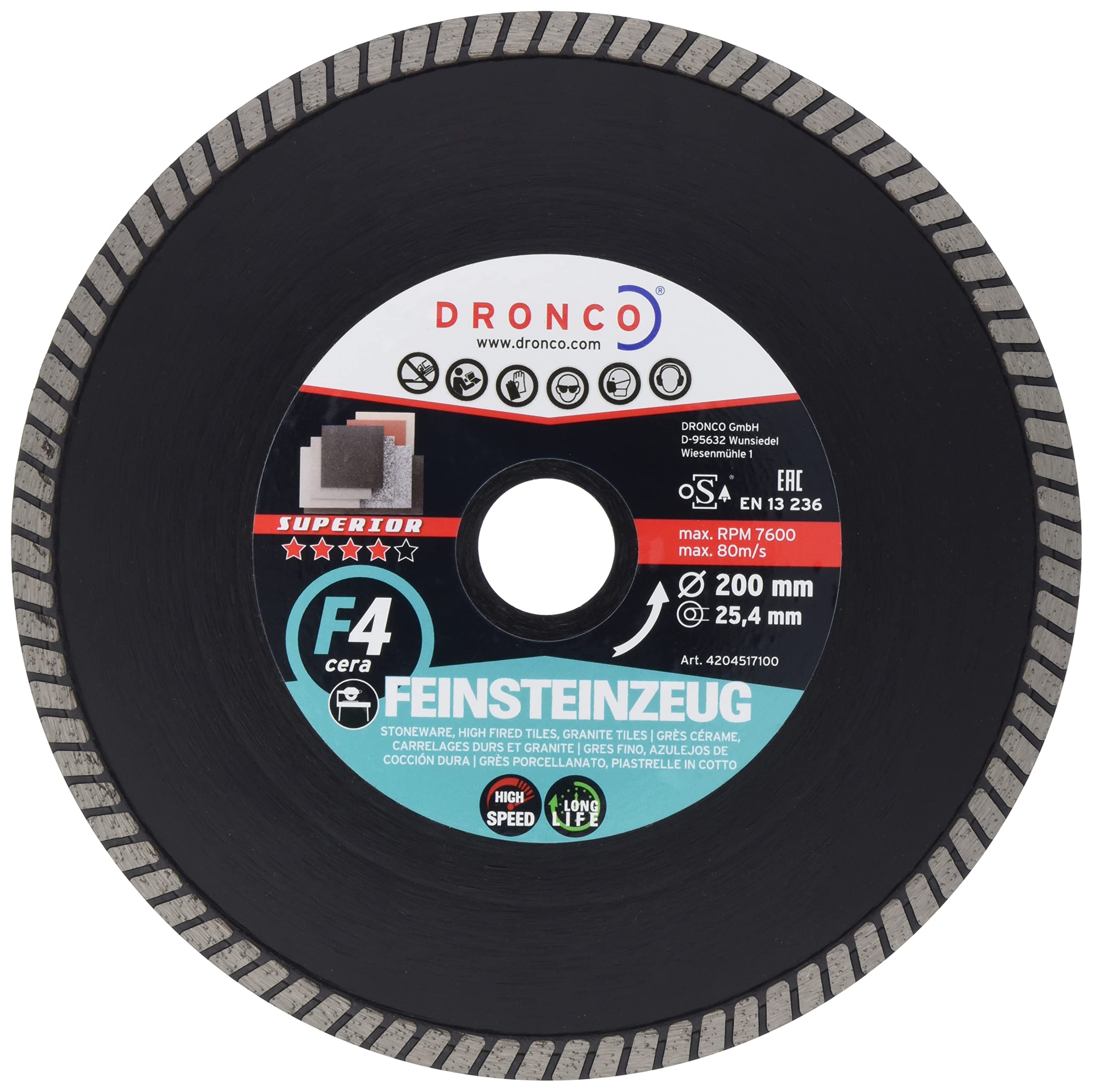 DRONCO F4CERA-200 - Disco de diamante Superior F4 Cera - Gres (Antes GRFX) Ø 200 mm