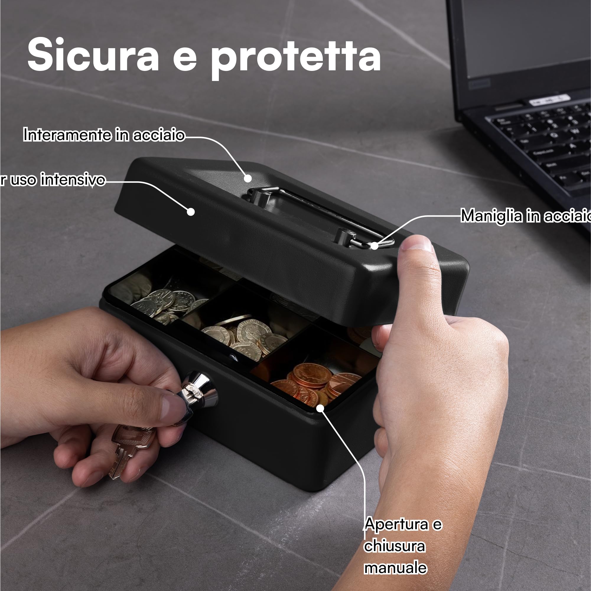 H&S Cassetta portavalori richiudibile – Cassetta porta denaro piccola – Salvadanaio richiudibile – Nero con due chiavi – Casetta per banconote e monete
