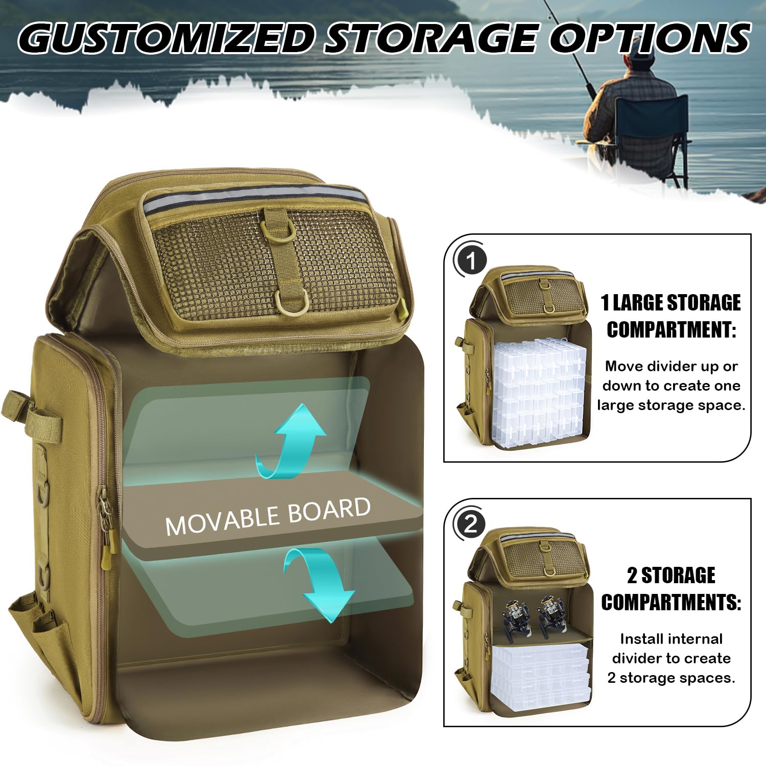 BlesMaller Hengelrugzak met 4 boxen en hengelhouders, 45 liter, grote vistas, waterafstotende visuitrusting, rugzak voor vissen, wandelen, kamperen, trekking