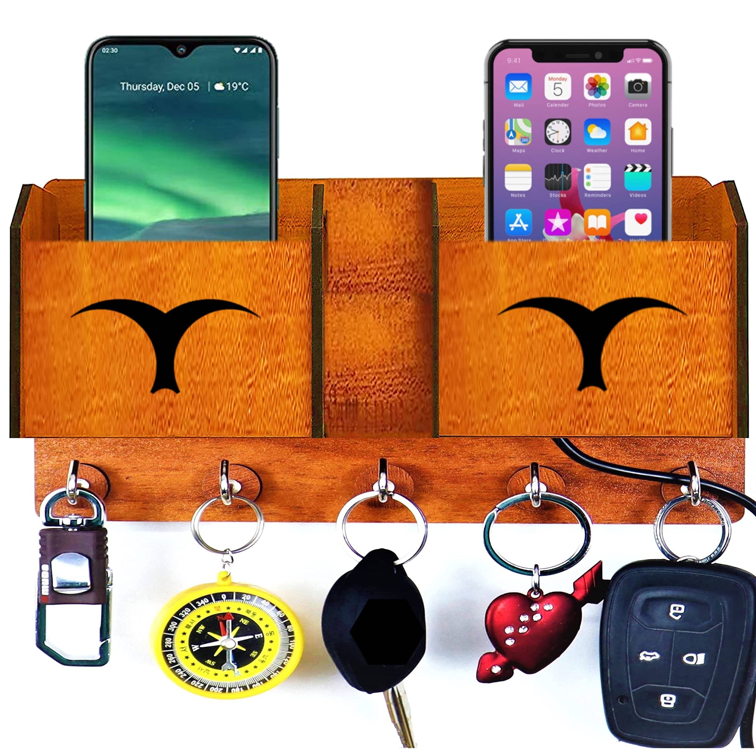 US DZIRE - THE BRAND OF LIFESTYLE ® Wall Mount Home Side Stylish Wooden Key Holder | with Mobile Charging Stand | Key Hanger for Living Room, Kitchen Key Organizer (5 Hook)