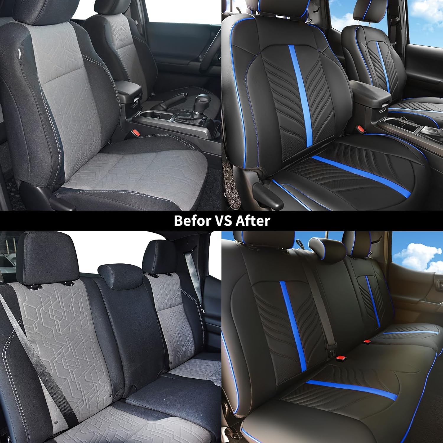 Leather Seat Covers Full Set Custom Fit for Toyota Tacoma 2016-2023 3rd Gen Double & Crew Cab SR SR5 Limited TRD Sport/Pro/Off Road,Interior Accessories,Full Coverage Seat Protector, Blue Black