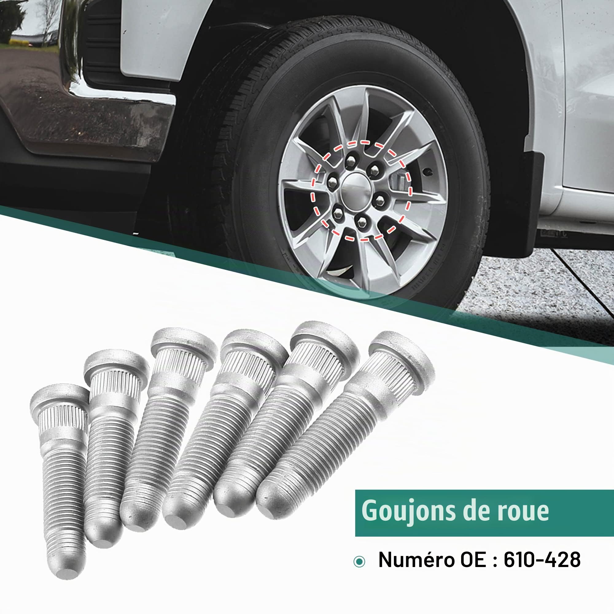 X AUTOHAUX 6 Goujons De Roue Dentelés pour Chevrolet Silverado 3500HD 07-10 | Couleur: Argent, Matière: Métal, Taille: 65x21mm, OE: 610-428, Longs Et Dentelés, Pour Cadillac Escalade 2000-2020