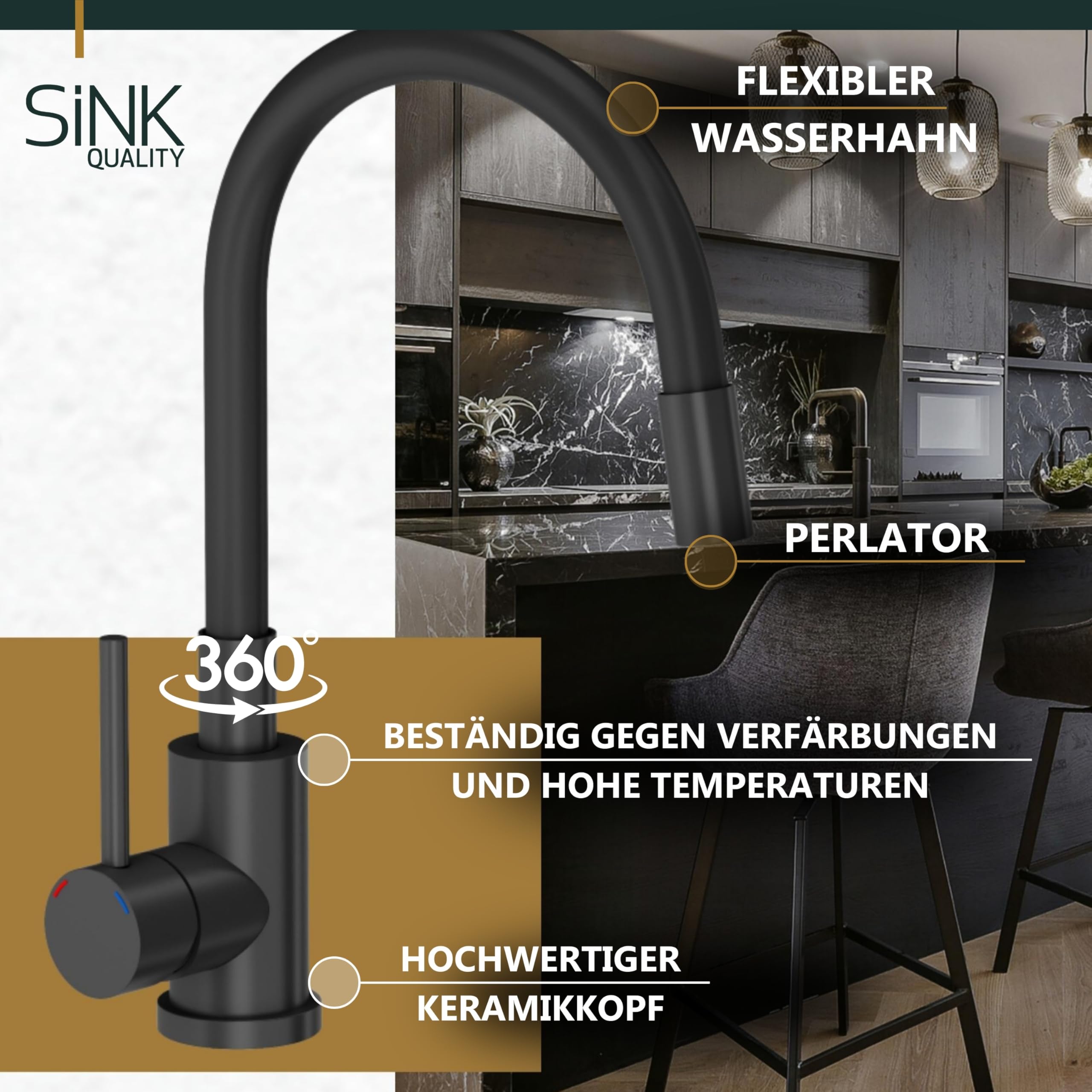 SINK QUALITY Spülbecken Komplettset in Schwarz 68 x 49,5 cm - Spüle mit Wasserhahn, Seifenspender, Sieb, Siphon und Imprägniermittel - Küchenspüle mit armatur für 45er Unterschrank