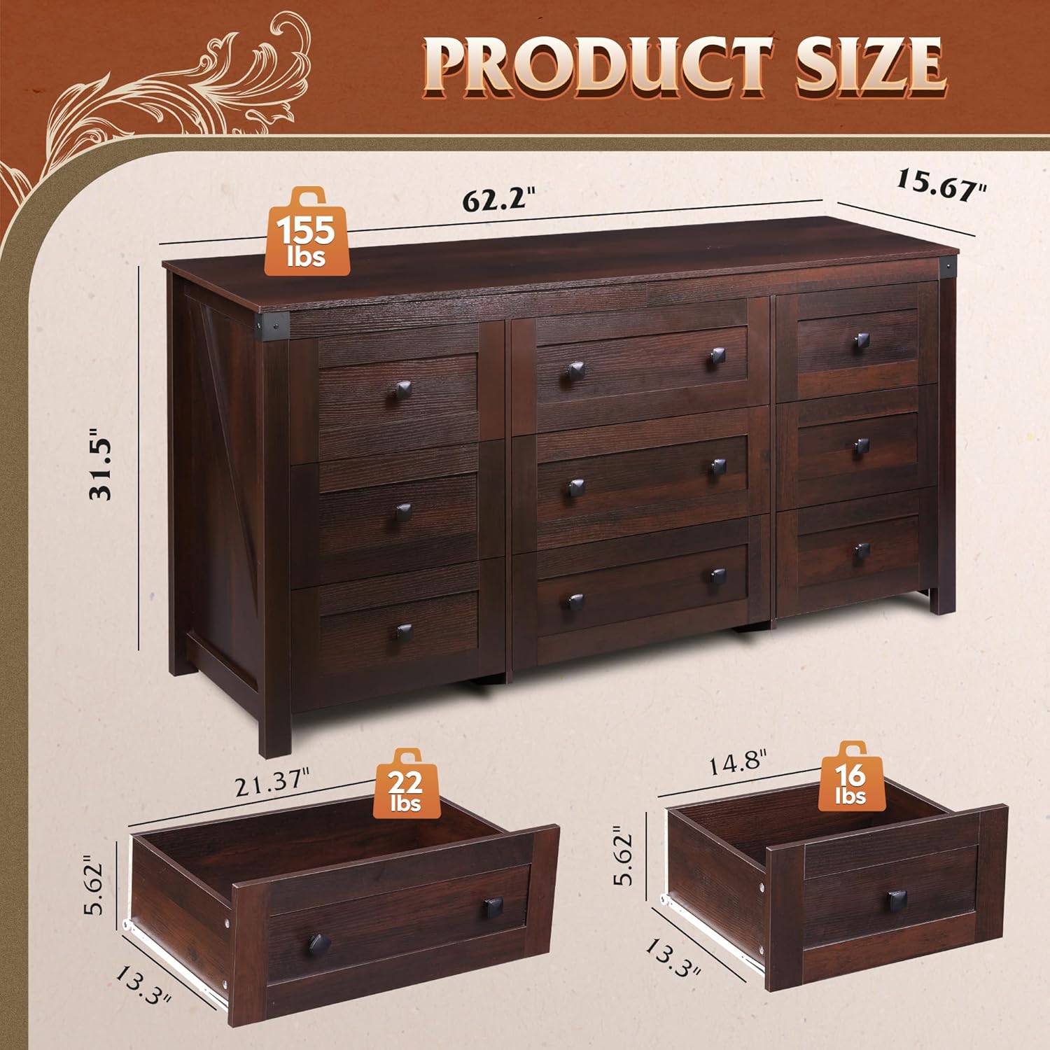 Infographic detailing the product dimensions and weight capacities of the dresser and its drawers
