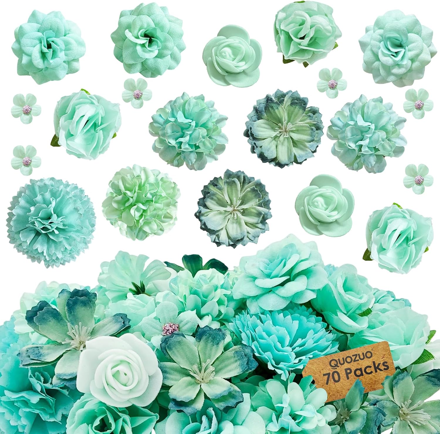 QUOZUO 70 pcs Mini Artificial Flowers Heads Mint Green Silk Peony Daisy Rose Bulk Mix Flower Heads Faux Rose for Crafts Graduation Wedding Baby Shower DIY Home Party Decoration