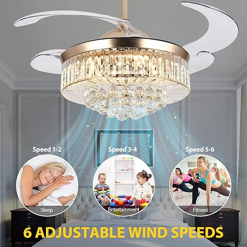 Miniatura 5 de Ventilador de techo de cristal de 42 pulgadas con luces y control remoto, kit de luz LED invisible con cuchillas retráctiles para sala de estar y
