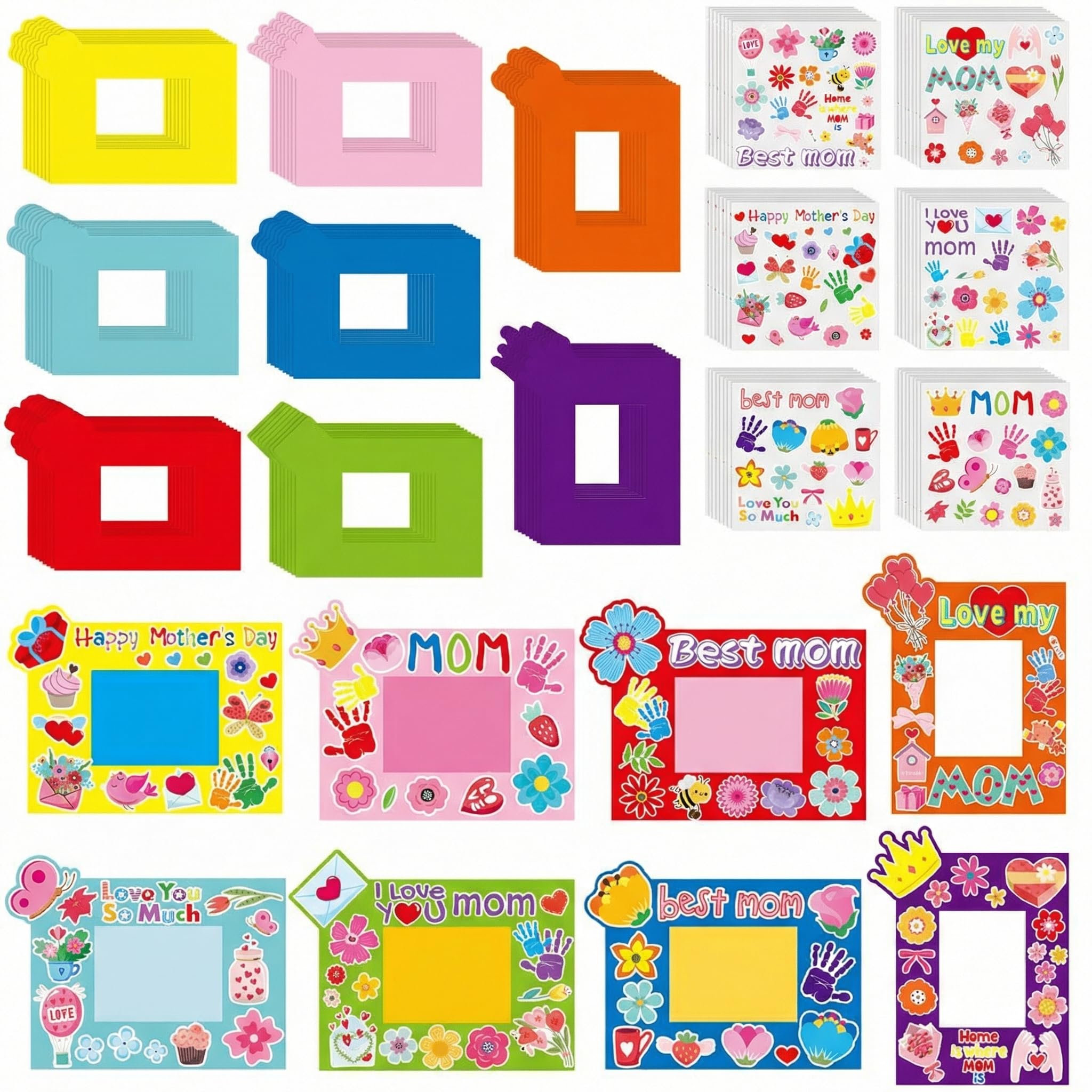 Beeveer 96 Pcs Mothers Day Picture Frame Craft DIY Handprint Flower Pot Hand Keepsake Picture Frame Craft Gifts with Flower Stickers for Mother's Day