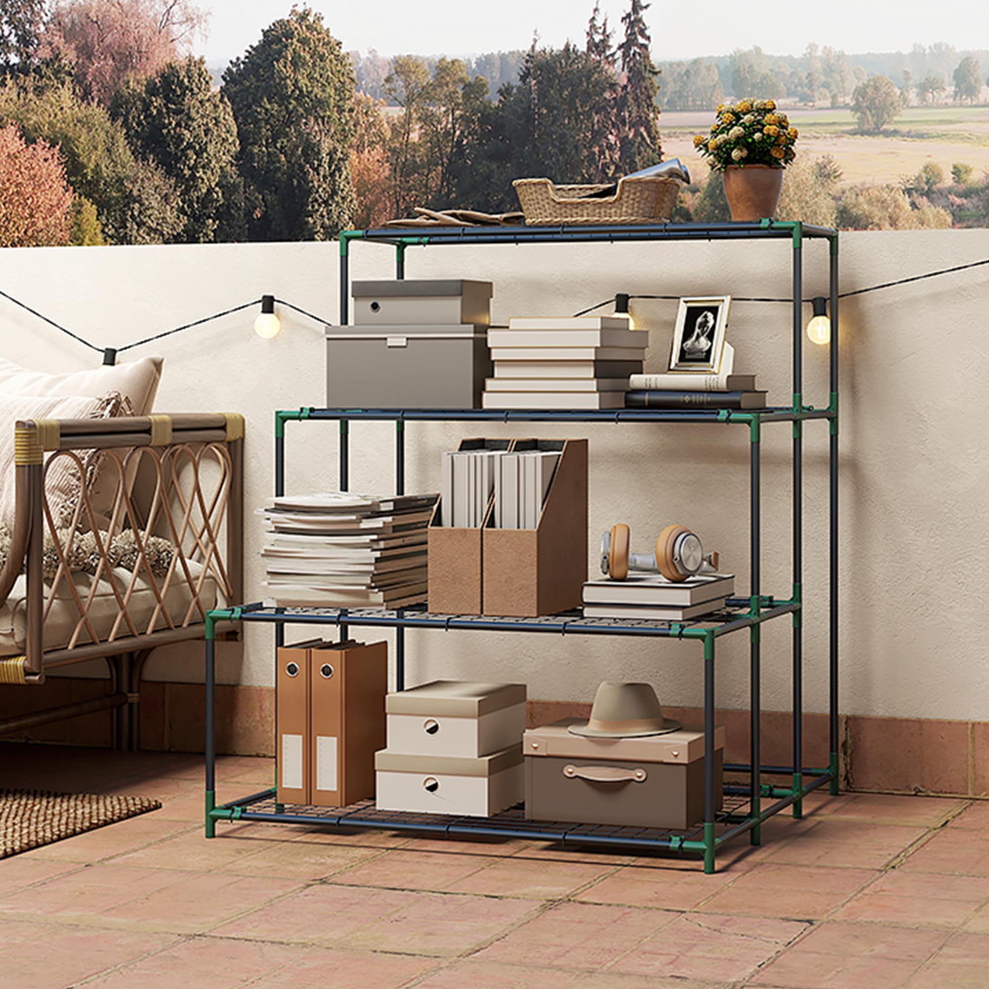 Outsunny 4-Etagen Pflanzenständer, 110 cm hoch Blumenständer mit 24 Clips, Pflanzenregal aus Stahl, mehrstöckig Blumenregal, Blumentreppe Blumentopfständer für Garten Balkon Deko, Dunkelgrün