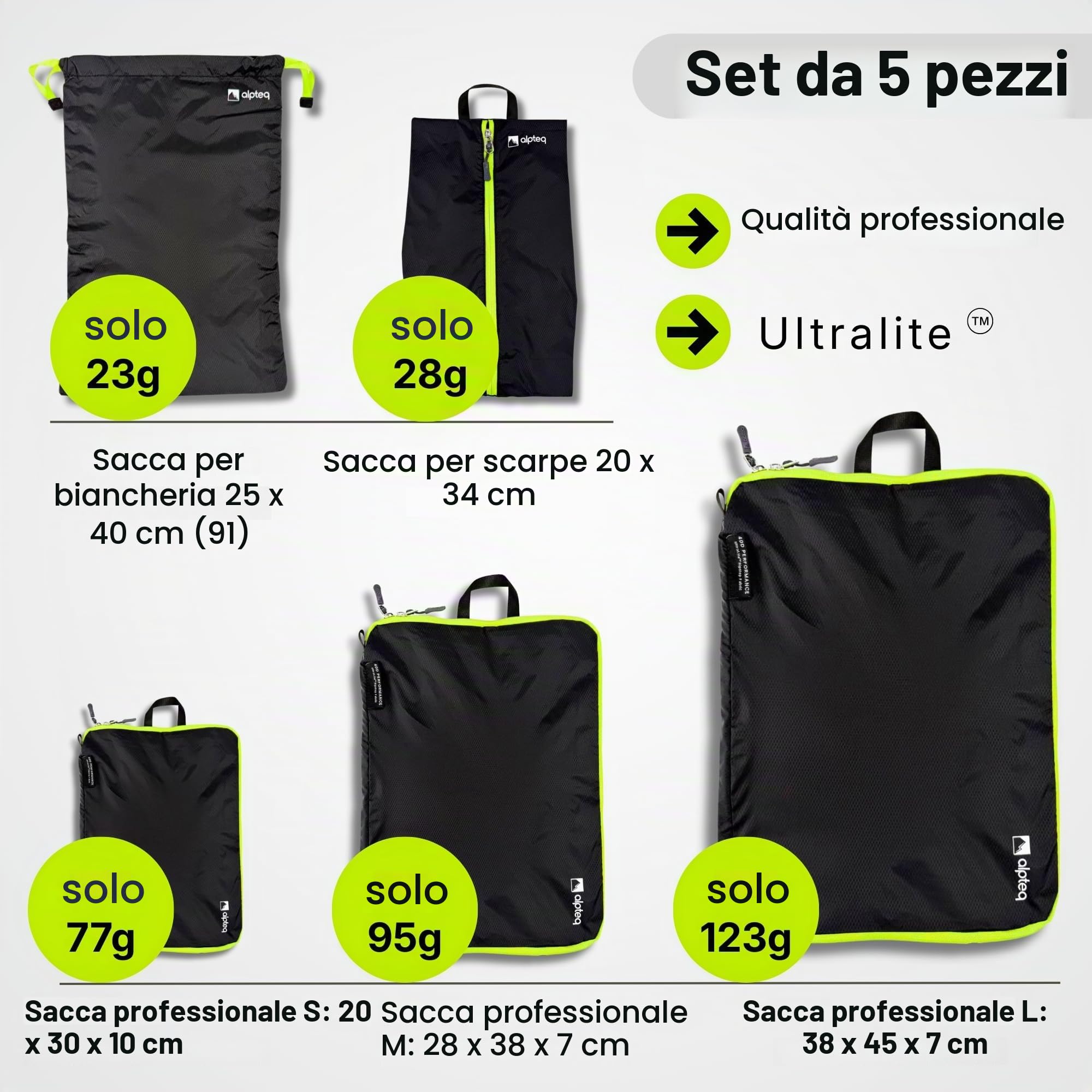 Sacchetti professionali a compressione – Set di 5 pezzi ultraleggeri per valigie Packing Cubes in tessuto impermeabile, cubo per viaggi e zaino