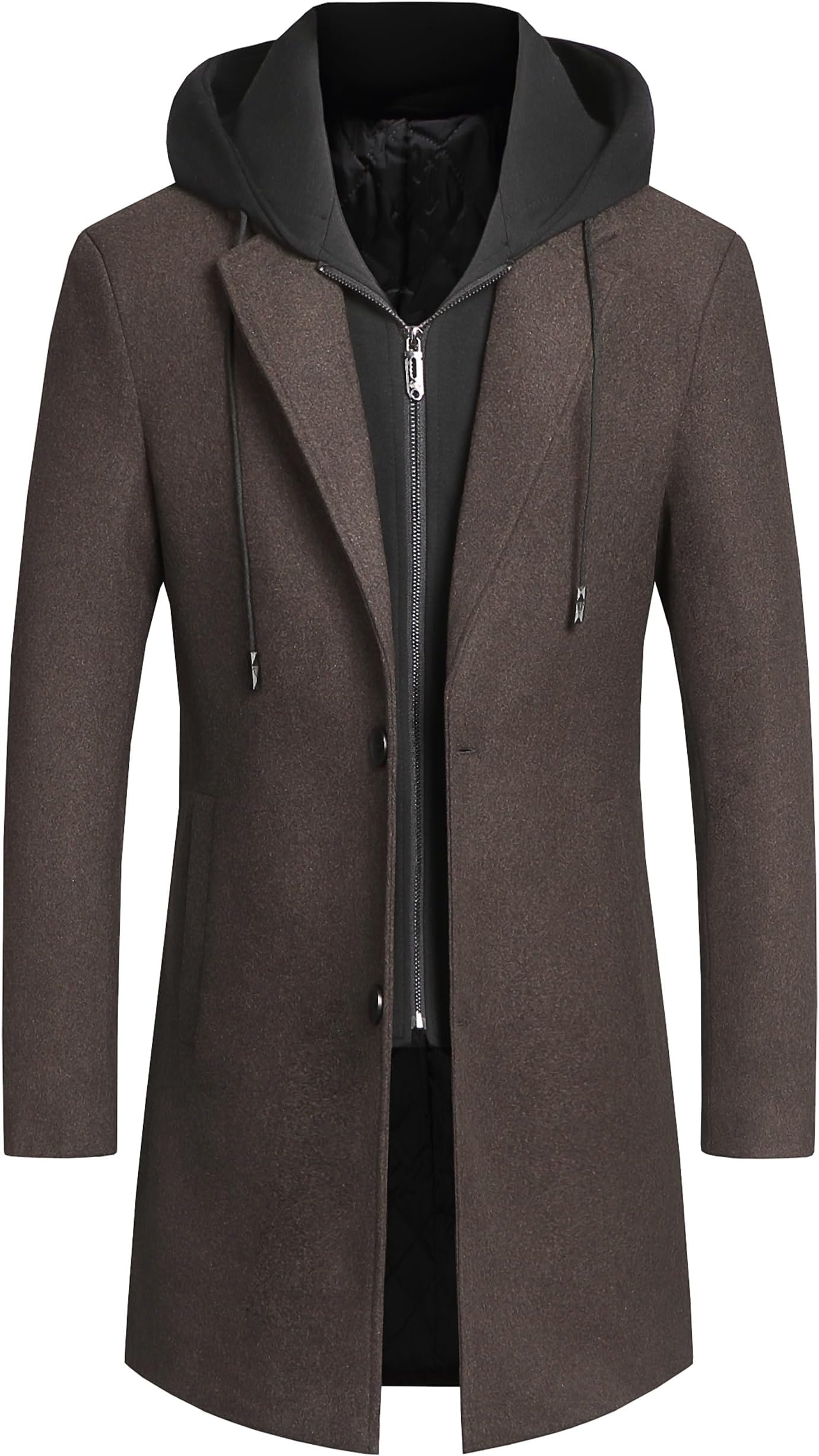 PRIJOUHE Men's Wool Coat Hoodie Long Trench Coat Cotton Casual Woollen Overcoat Jacket