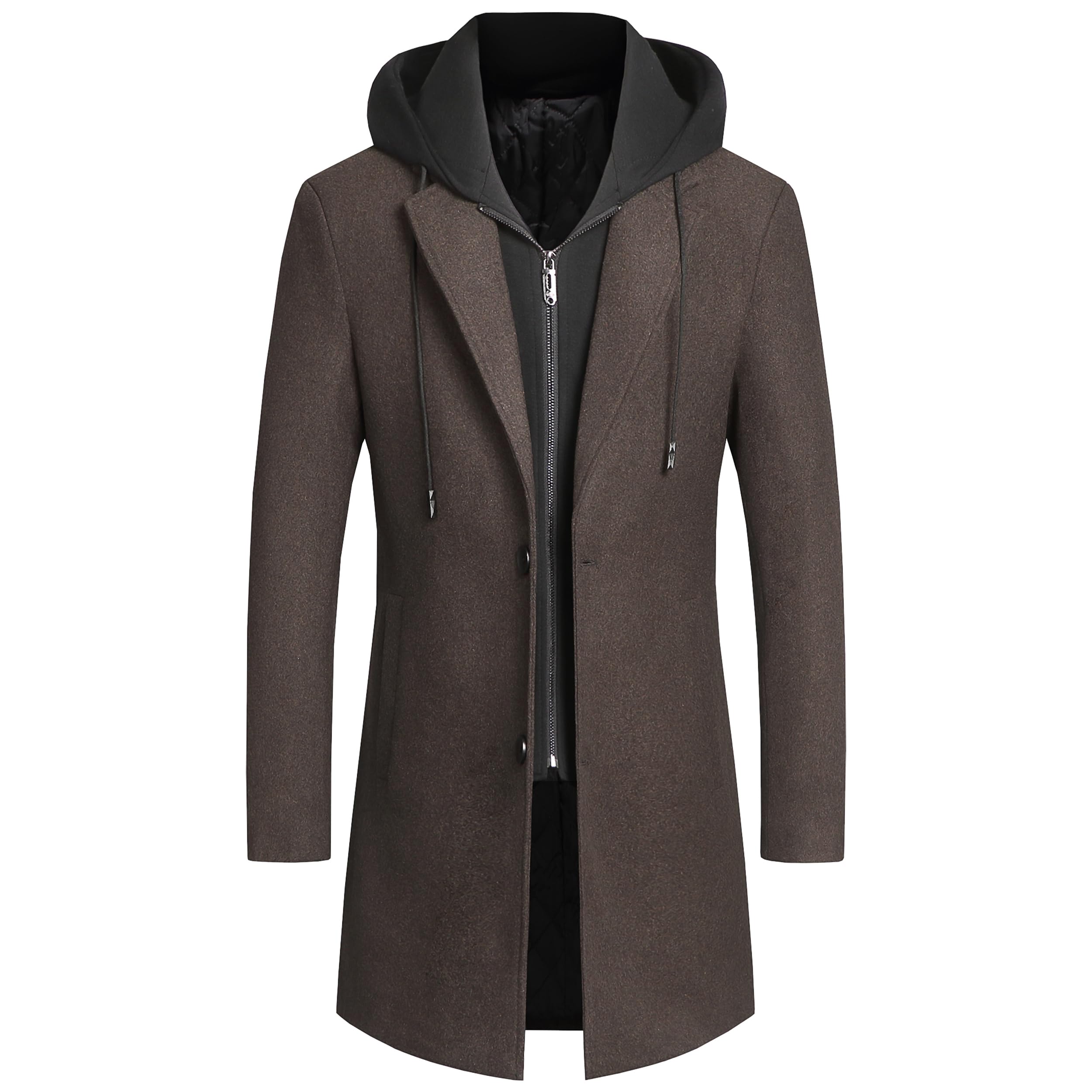 PRIJOUHE Men's Wool Coat Hoodie Long Trench Coat Cotton Casual Woollen Overcoat Jacket