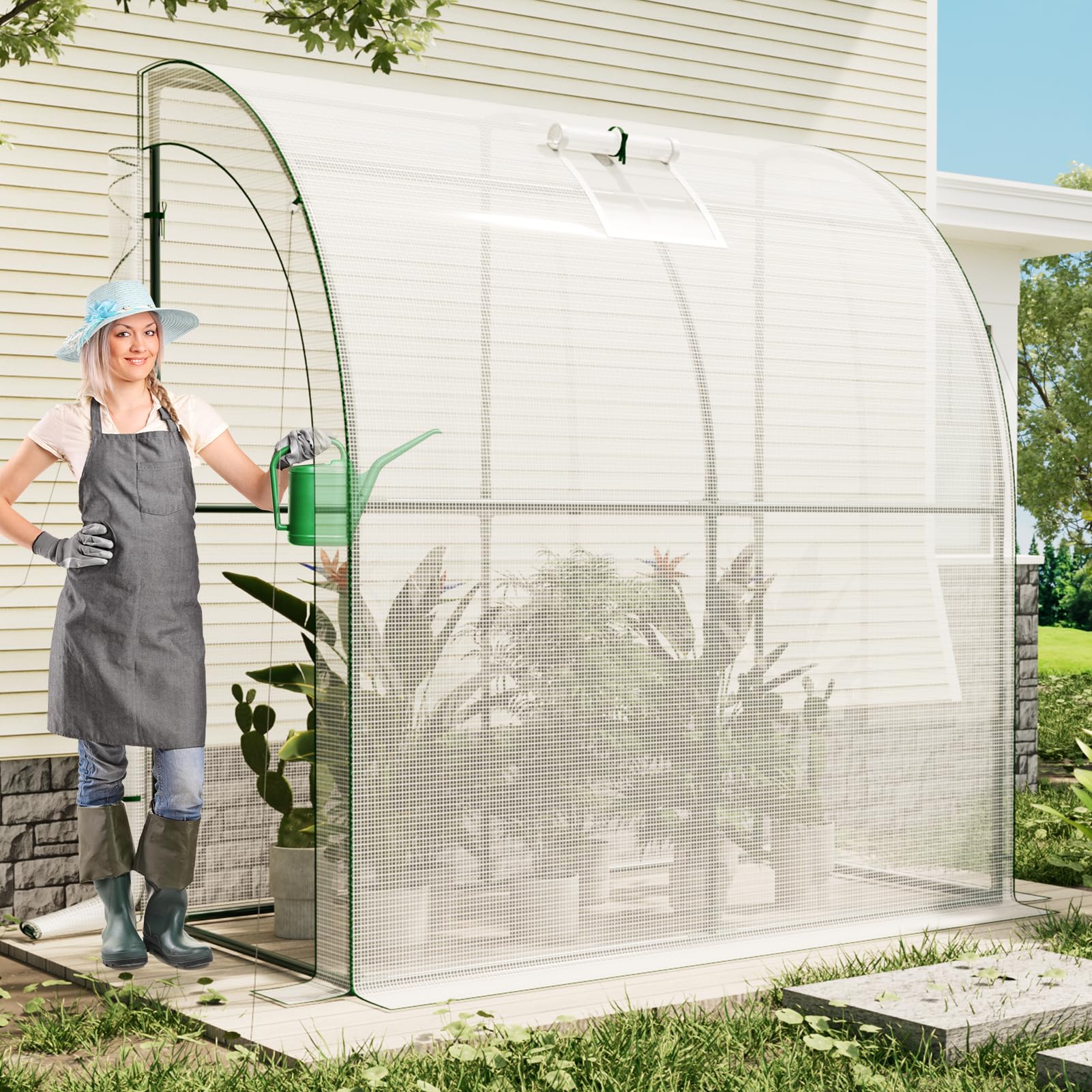 SPECILITE 79" x 40" x 83" Lean to Greenhouse for Outdoors, Portable Walk-in Plant Green House with 1 Roll-up Zipper Door and Mesh Window, Reinforced Steel Frame with PE Cover, Anchor and Ropes, White