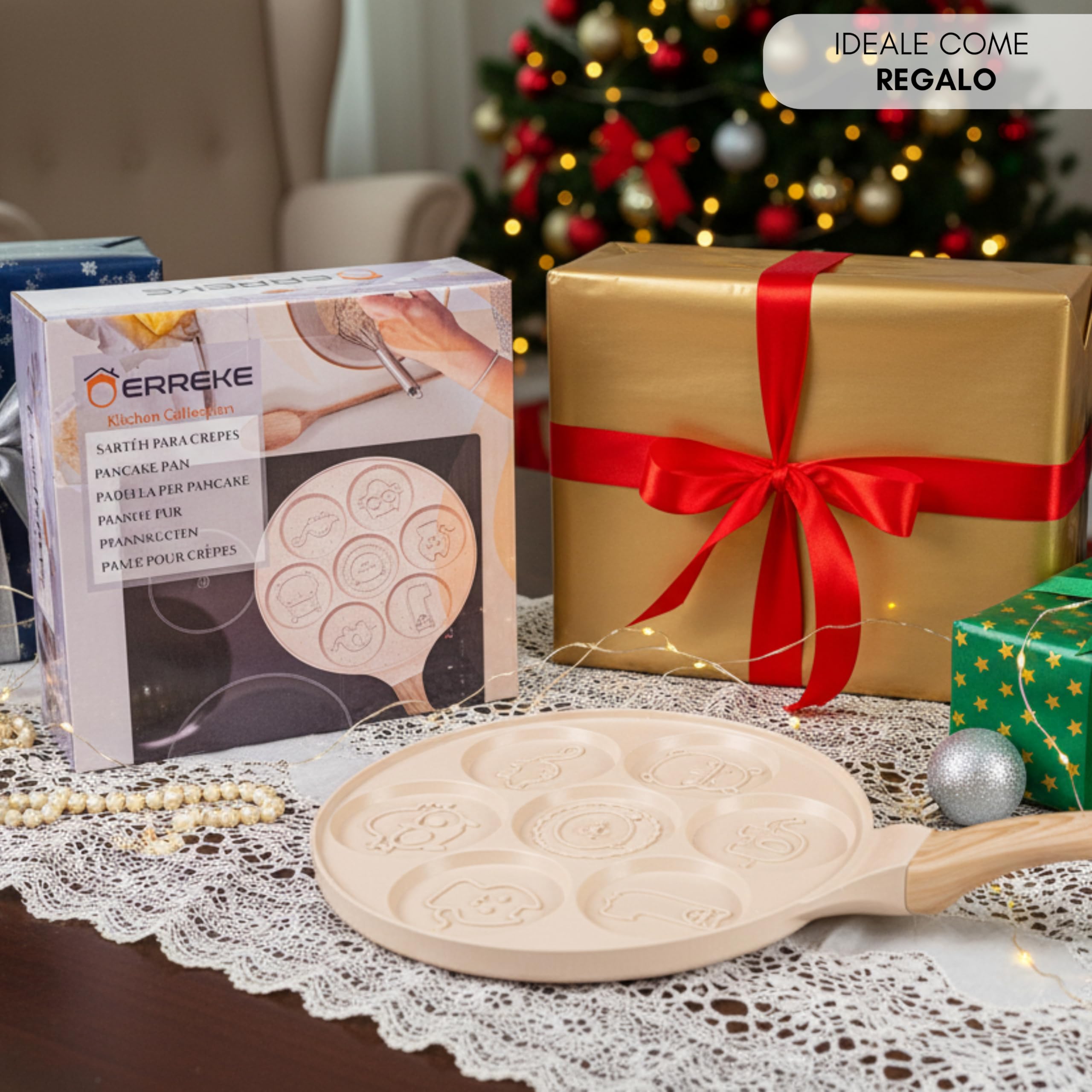 Erreke Padella per Pancake, Crepiera, Tutti i Piani Cottura e Induzione, Doppio Rivestimento Antiaderente, Design Animaletti, Manico Soft-Touch, 7 Pancake o Crepe, 26 cm Colore Beige
