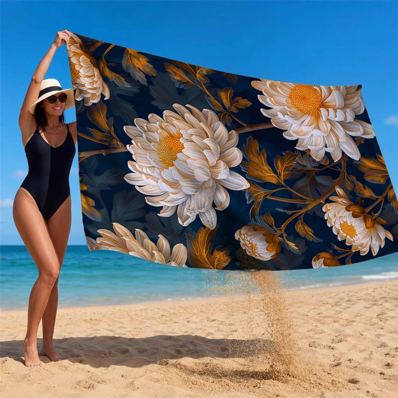 Flor Toalla Playa 220 x 160 Resistente a la Arena Secado rápido Ligero, Toalla Playa Grande 160x220cm Suave Cómodo como Gym Yoga Sauna Toallas Baño Grandes Exterior Travel Essentials Blanco XTLS-2165