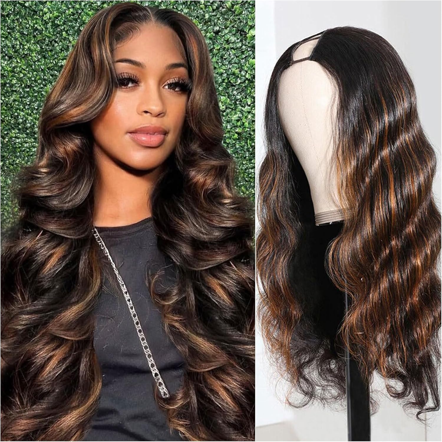 V Part Wig Human Hair Body Wave Glueless No Leave Out Upgrade 22 Inch U Part Wigs Human Hair Clip In Half Wigs 100% Real Human Hair Elastic Drawstring For Women 180% Density #1B/30
