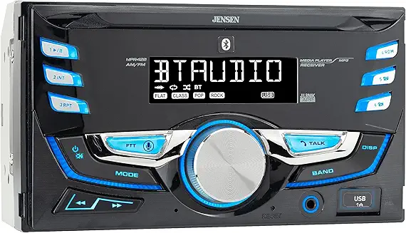 JENSEN MPR420 7 Character LCD Double DIN Car Stereo Receiver – Bluetooth Hands-Free, USB Playback, Push-to-Talk Assistant, AM/FM Radio