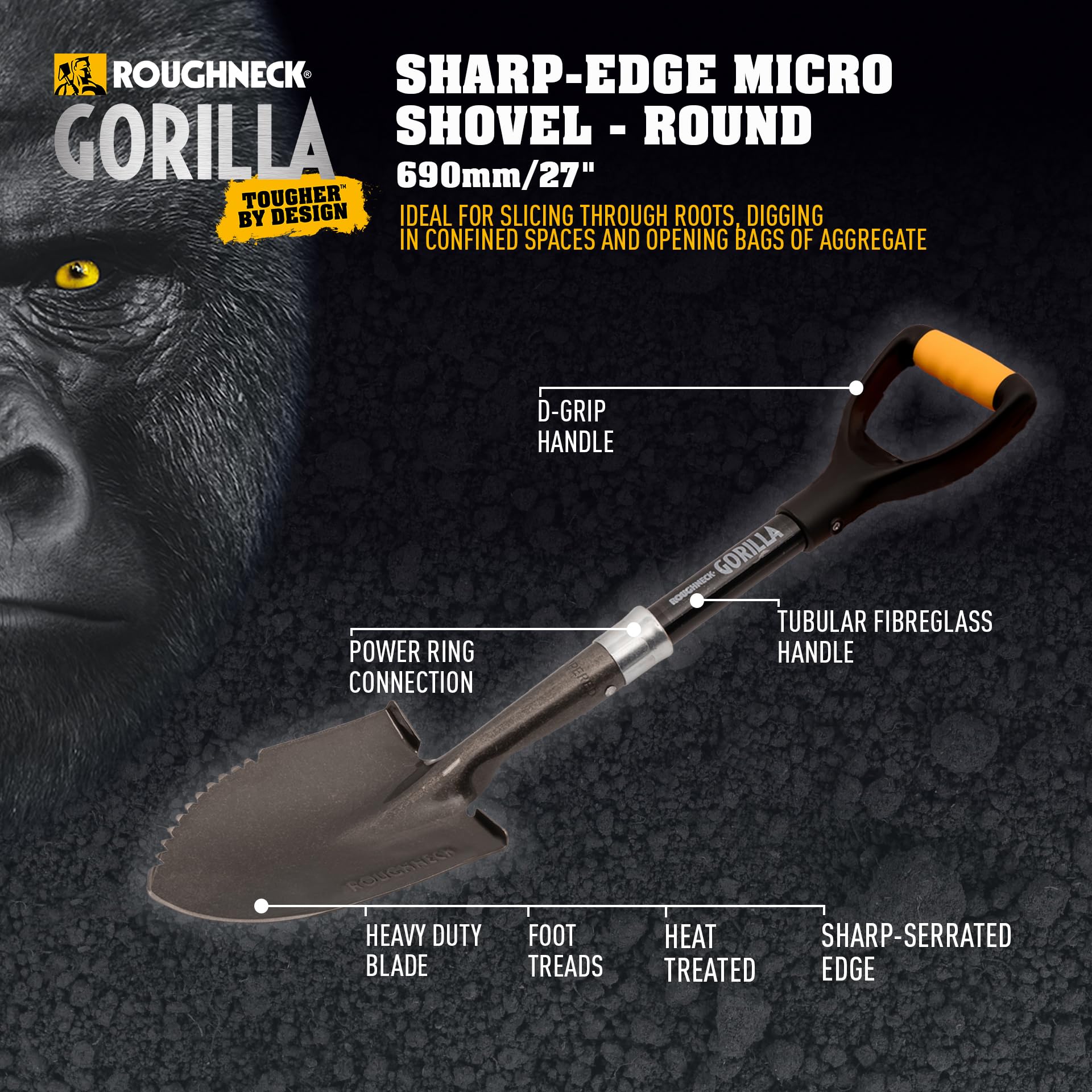 Roughneck Gorilla Sharp-Edge Micro Shovel, Heavy-Duty Round Blade - Image 3
