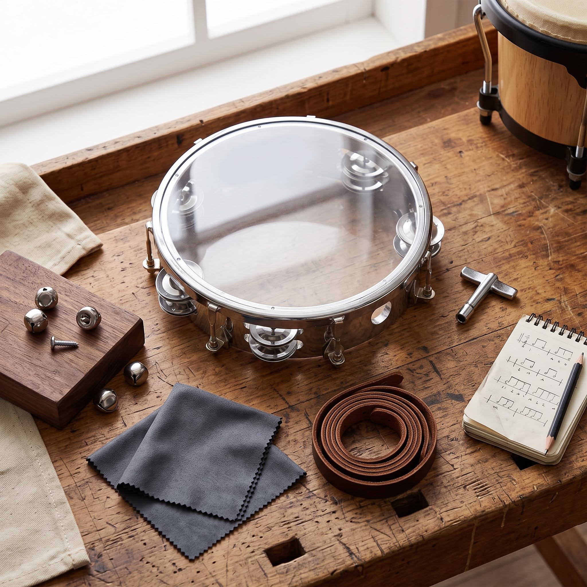 Pandereta de 20 cm de tono ajustable, percusión, instrumento musical educativo, campanas de platillo, campanas de doble fila con llave de tambor (transparente)