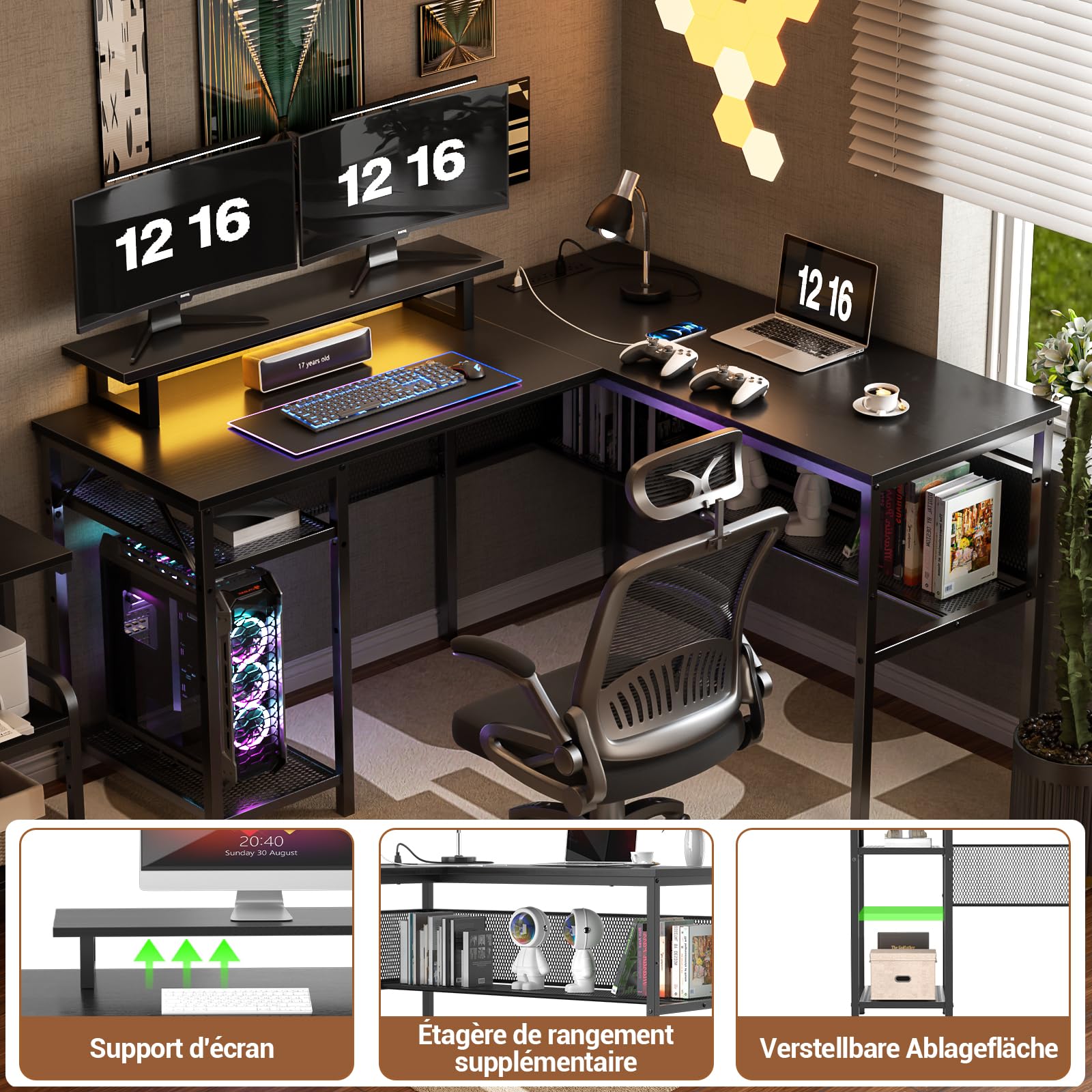 iSunirm Bureau Gaming en Forme de L,141 x 117 x 76 cm Bureaux à Domicile avec LED et Prises,Bureau d’Angle avec Étagères Rangement pour Etudier Travailler Chambre Domicile,Noir