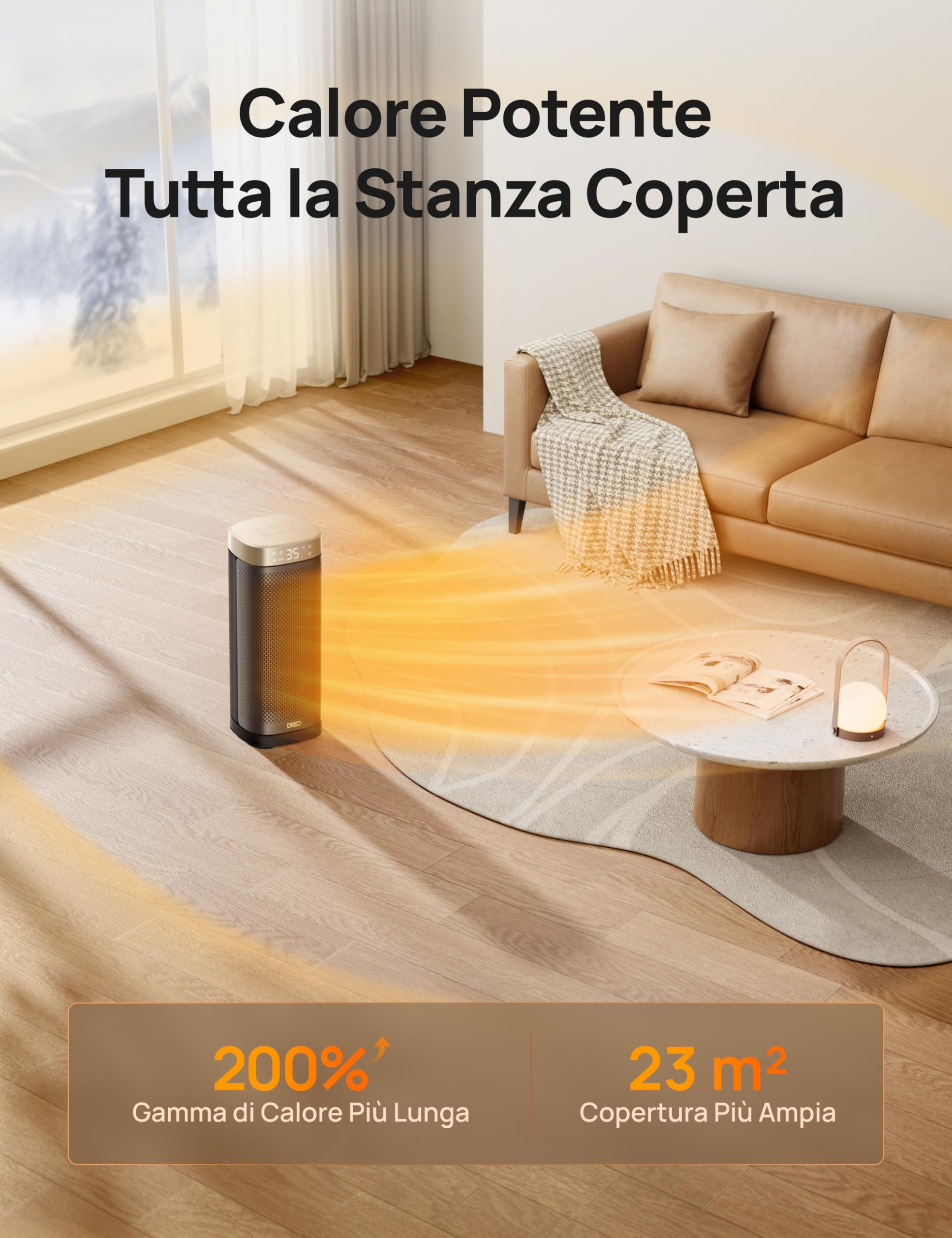 DREO Termoventilatore in ceramica da 2000 W, silenzioso e a risparmio energetico con termostato, timer 12 ore, 3 modalità, oscillazione 70°, riscaldatore elettrico da 16 pollici per ambienti