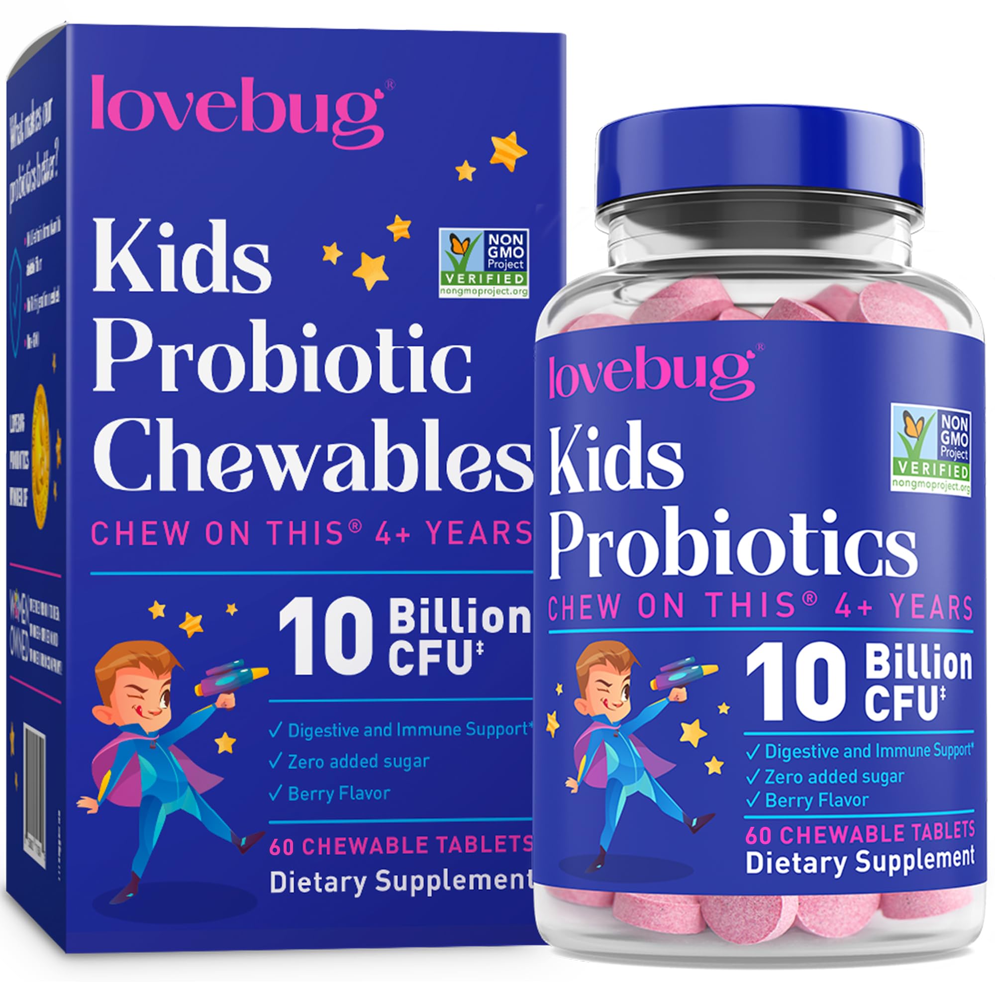 LOVEBUG Probiotics for Kids – Probiotic Chewables with Prebiotic Fiber for Age 4+,Daily Children's Gut Health & Digestive Support Supplement, Sugar-Free Berry Flavor, 60 Count