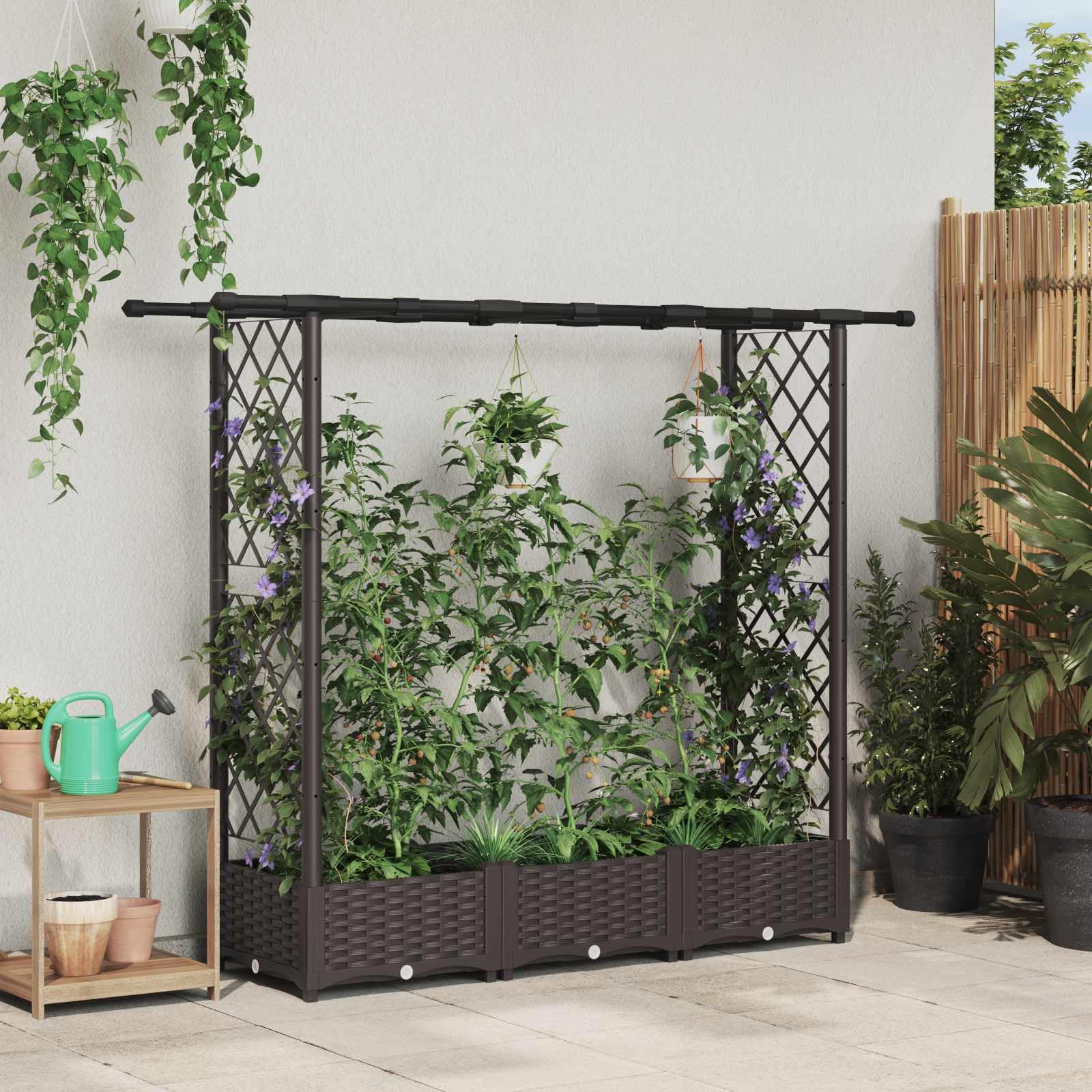 Hochbeet mit Rankgitter und Dach PP Pflanzkübel 164x40x121cm | Vertikales Gartenregal aus robustem Polypropylen für Terrasse und Balkon zur Aufzucht von Kletterpflanzen.