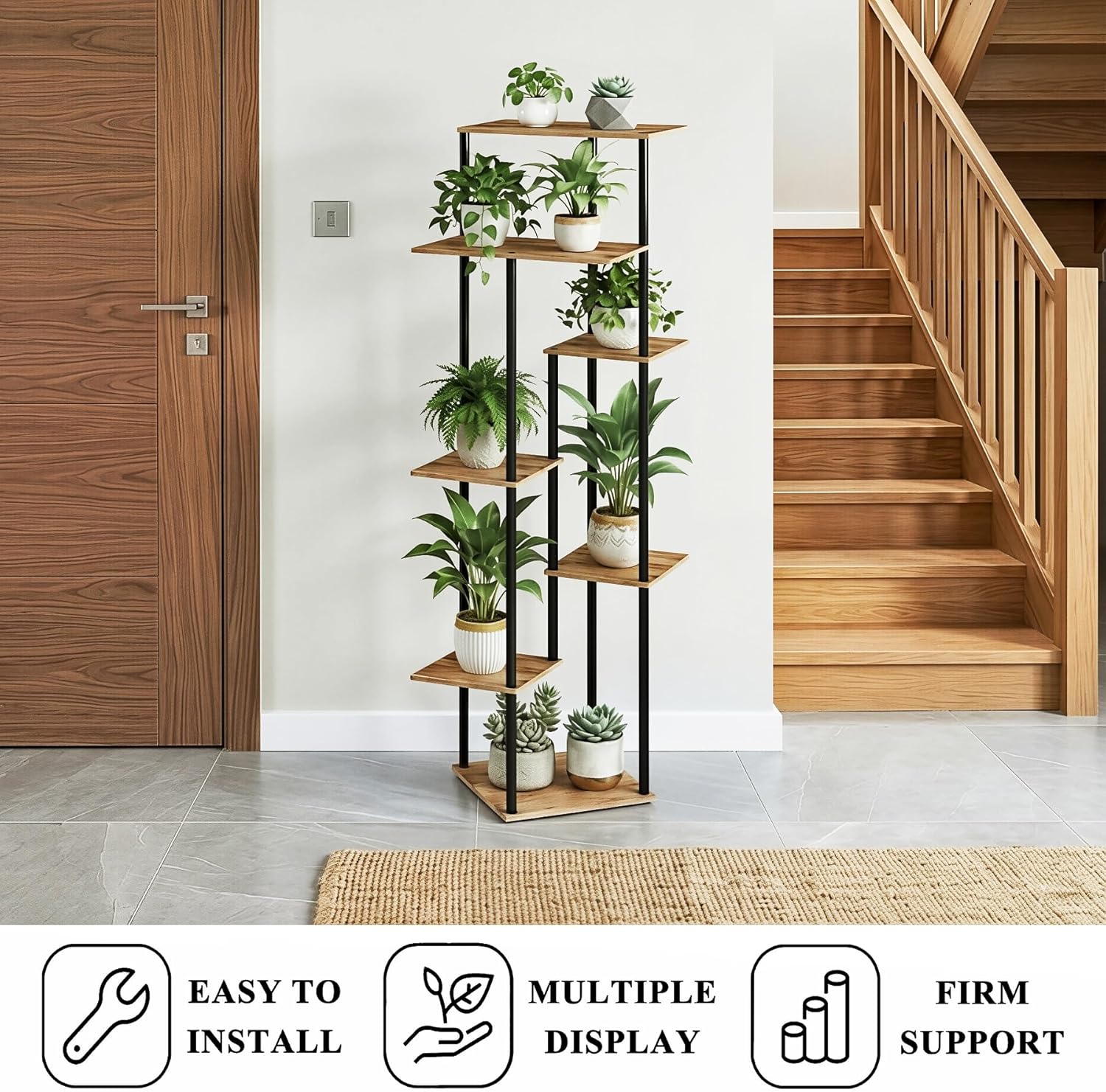 Tall Plant Stand Indoor 7-Tier Metal Wood Plant Shelf for Multiple Flower Pots Corner Flower Holders for Living Room Balcony Bedroom, Rustic Brown