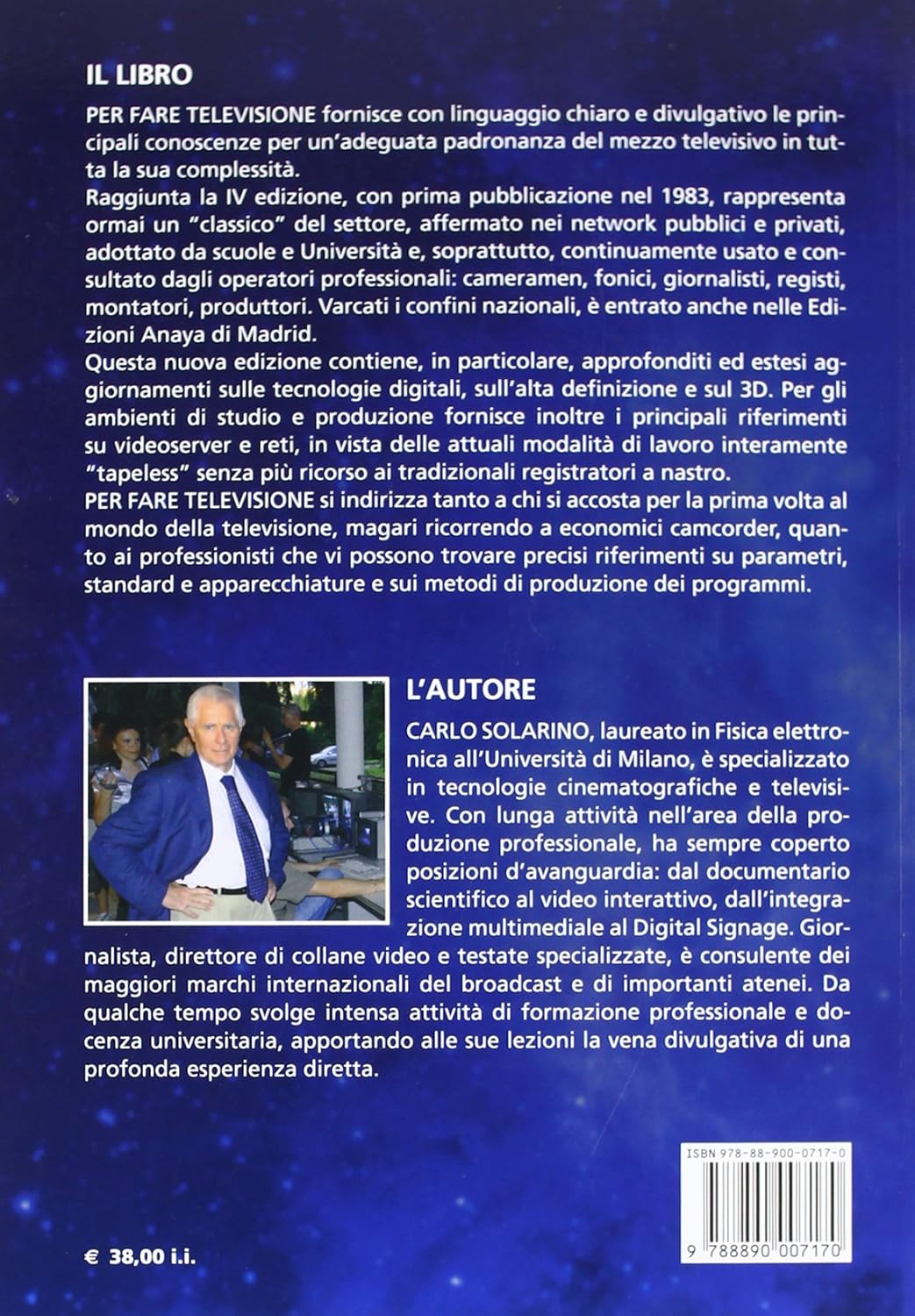 Back cover of 'Per fare televisione' manual, showing author Carlo Solarino and a brief biography.