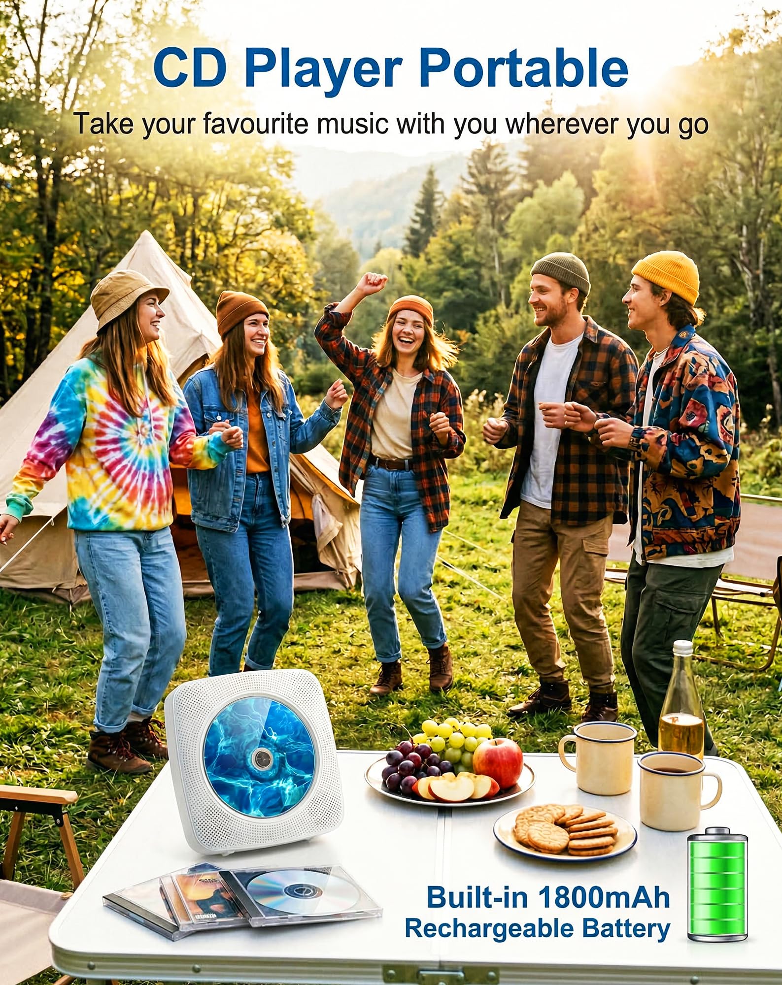 Lecteur CD Portable Bluetooth avec Radio, Haut-Parleur intégré, Prise en Charge USB et AUX, télécommande et Housse de Protection, Blanc