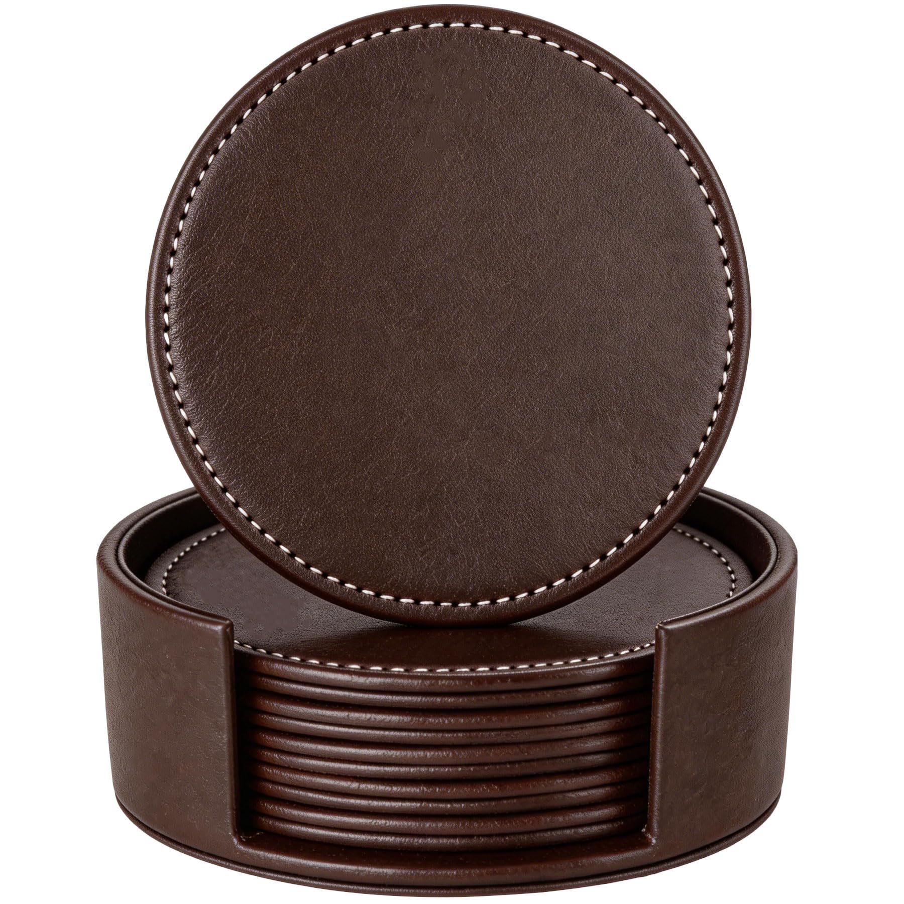 Leather Coasters for Drinks(6 Pack), Handmade Durable Drink Coasters Set with Holder for Tabletop Protection, Luxurious Home Décor and Housewarming Gift (Brown)