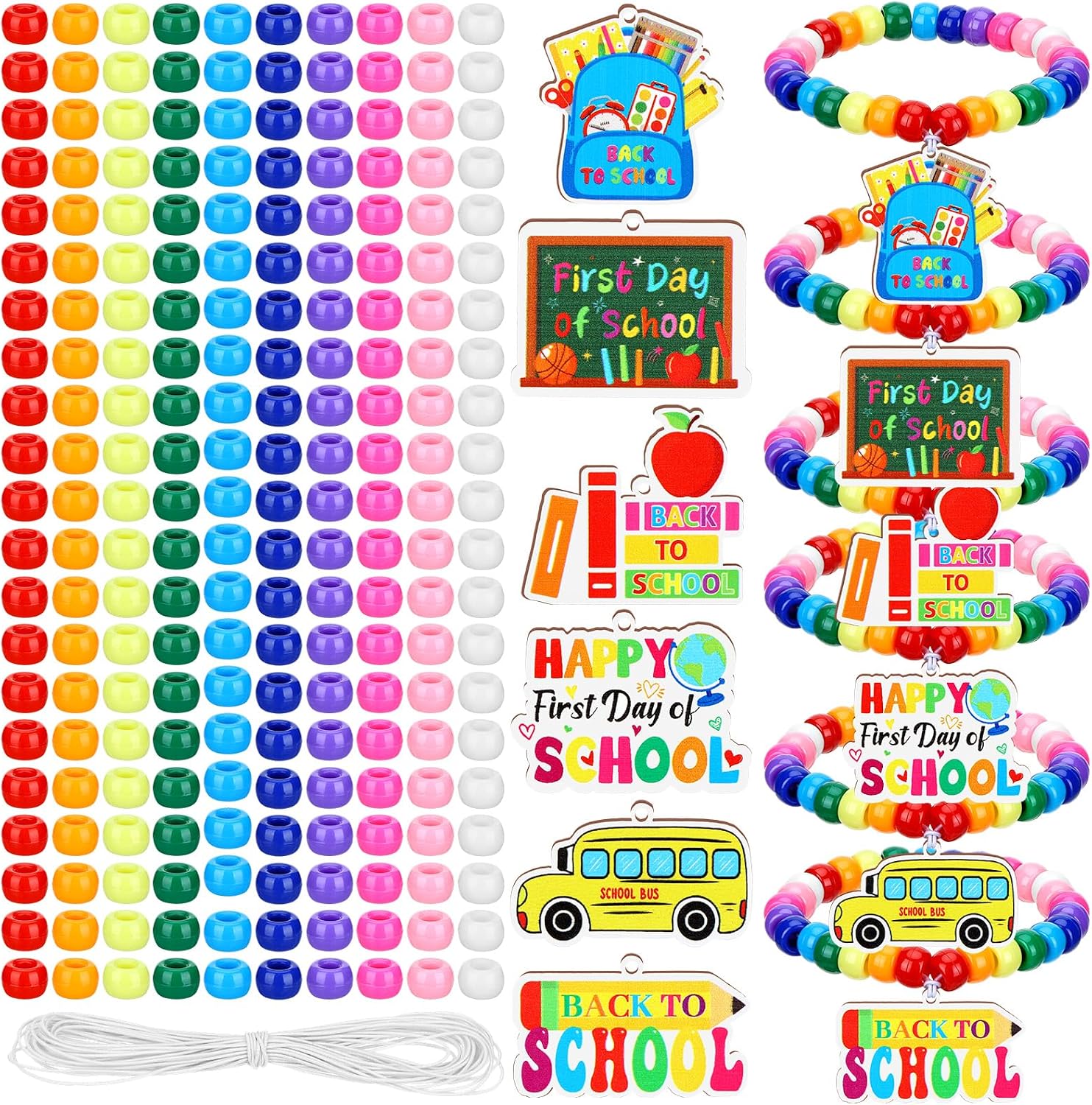 1048 Pcs 24 Sets Back to School Bracelet Making Kit, Beaded Bracelet Craft Kit with Wooden Charms for Welcome First Day of School Gift DIY School Supplies Kit Jewelry Making Supplies Party