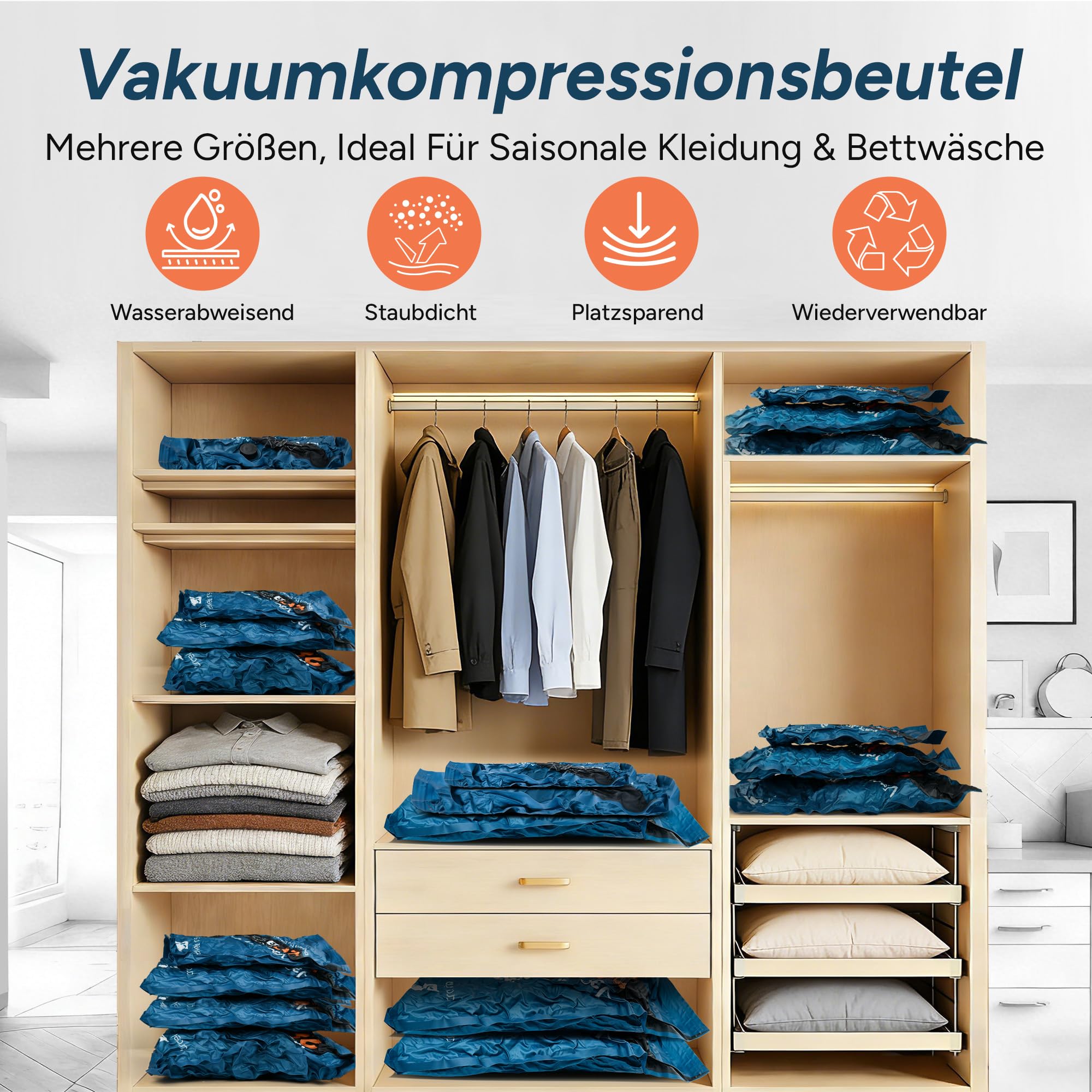 travel inspira 9x Vakuumbeutel für Kleidung mit Kabelloser Pumpe(3S+3M+3L) | Oxford 80% Platzsparend & Wiederverwendbar USB-C Aufladbare Pumpe 4500 Pa Vielseitig Doppelreißverschluss Für Koffer 20"-34"