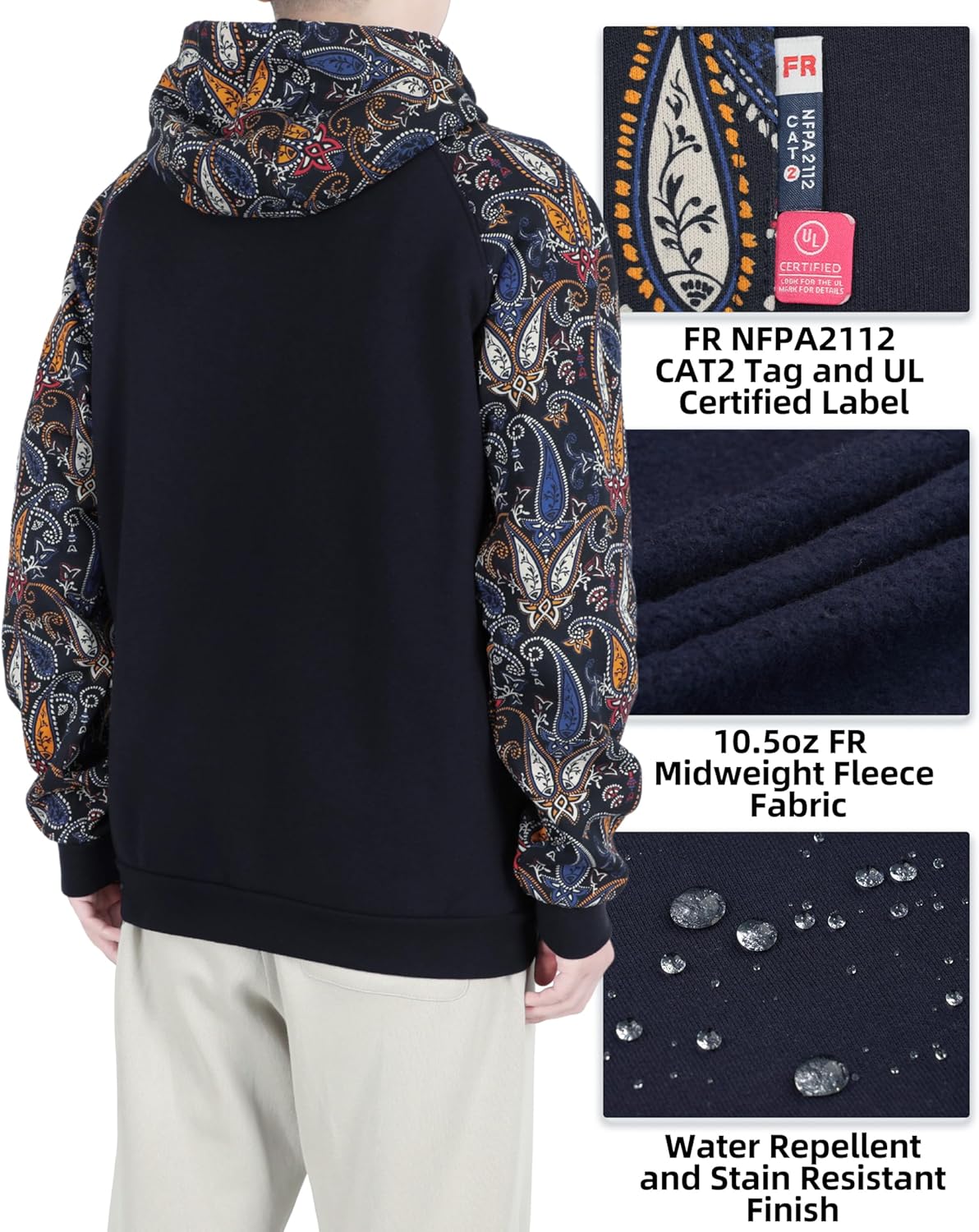 BOCOMAL FR Hoodies Zipper Front 10.5oz Cotton Fleece Flame Resistant Hooded Sweatshirts - Image 4