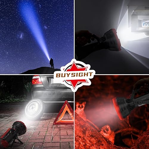 Miniatura 7 de BUYSIGHT Linterna de foco recargable, 1000,000 lúmenes, rango de 600 yardas, IP65, impermeable, reflector grande de mano con lente roja, luz de