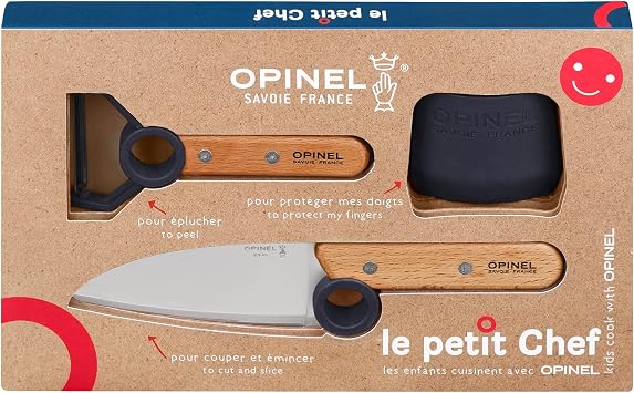 Opinel Le Petit Chef 254641 Kitchen Knife Set for Children, 3 Pieces, in Blue, Chefs Knife, Finger Guard, Peeler