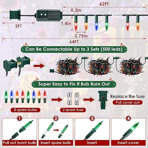 Miniatura 6 de Enhon 280 luces LED musicales de Navidad de 65 pies, luces musicales de árbol de Navidad con 25 canciones clásicas de vacaciones, 7 modos de