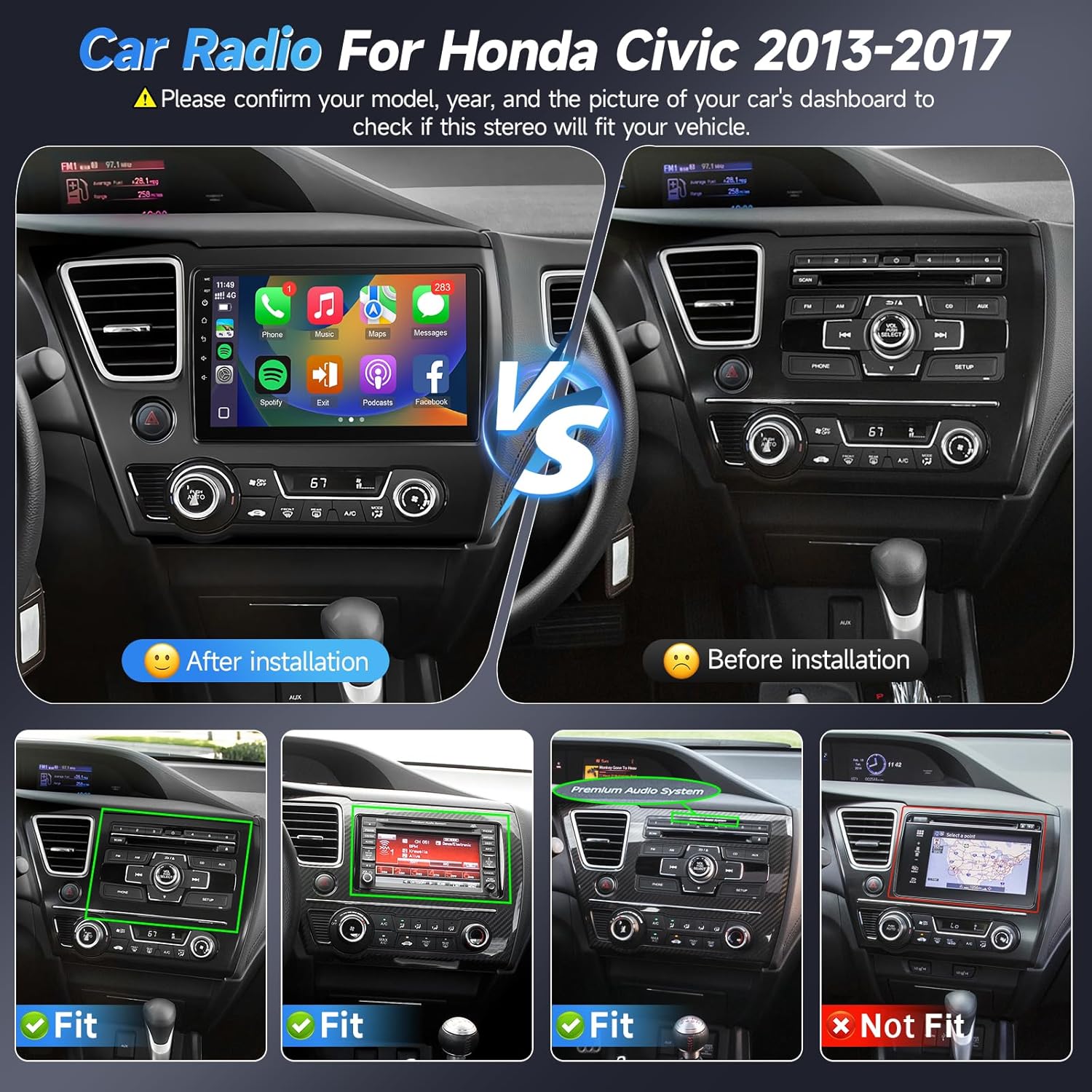 Naifay Android 12 Car Stereo for Honda Civic 2013-2017, 2+32G 9inch IPS Touch Screen for Civic Head Unit, Carplay/Android Auto/Bluetooth/GPS/WiFi/Backup Camera/SWC+Canbus