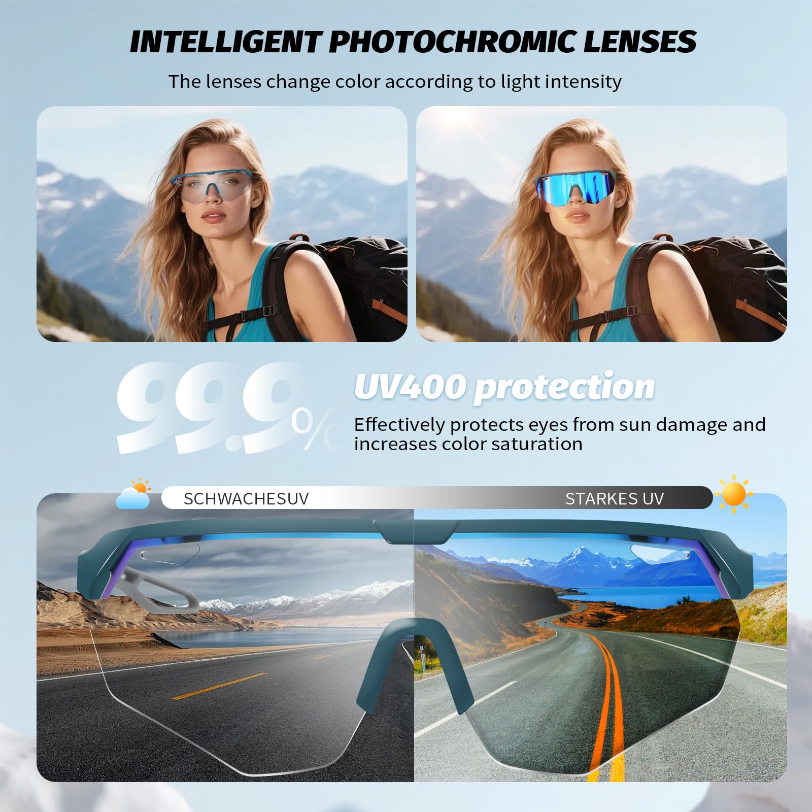 Gafas de Ciclismo Fotocromáticas Mujeres Hombres, Gafas MTB con Montura TR90 Ultraligera, Protección UV400, Puente Nasal y Patillas Ajustables para Running y Deporte