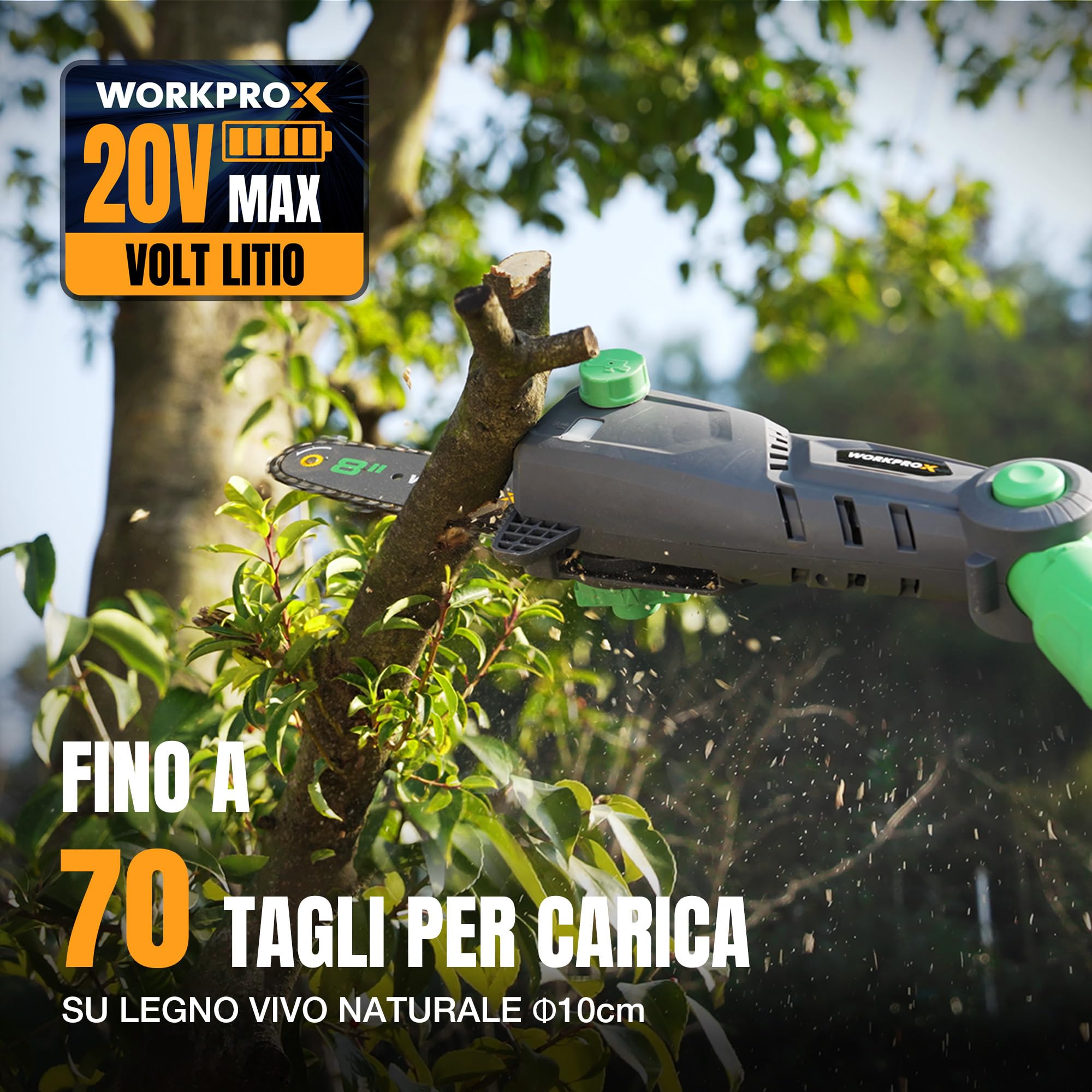 WORKPROX Potatore Telescopico su Asta 20V per la Potatura di Rami Alti, Motosega a Batteria 4,0Ah, Estensione fino a 4,5 m, Lama da 20 cm, Angolazione Regolabile, Lubrificazione Automatica