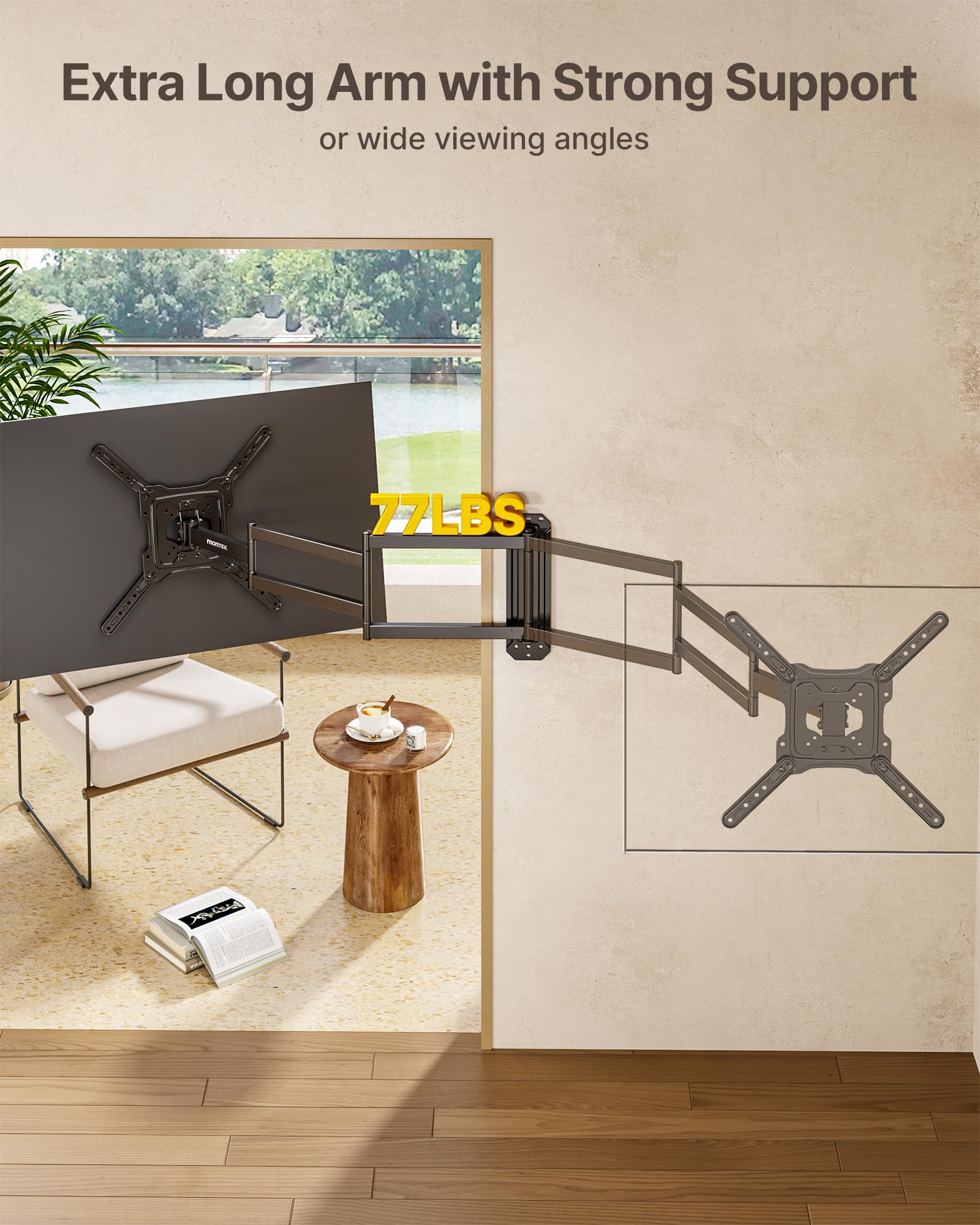monTEK Support mural TV avec bras long de 946 mm pour téléviseurs de 23 à 65 pouces, support mural pivotant et inclinable pour TV plate et incurvée jusqu'à 35 kg, VESA 75 x 75 mm à 400 x 400 mm