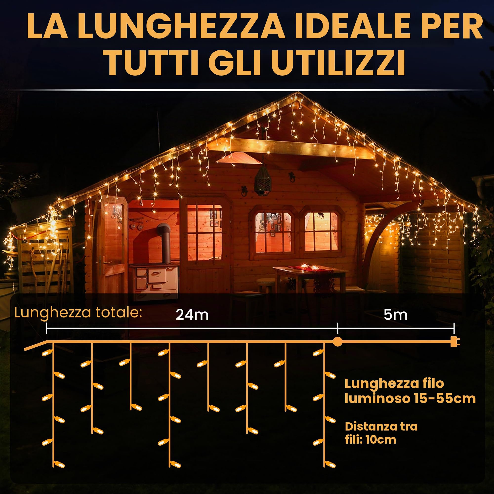 Gartenpirat catena luci pioggia ghiacciata 960 LED- 24m timer luce bianca calda