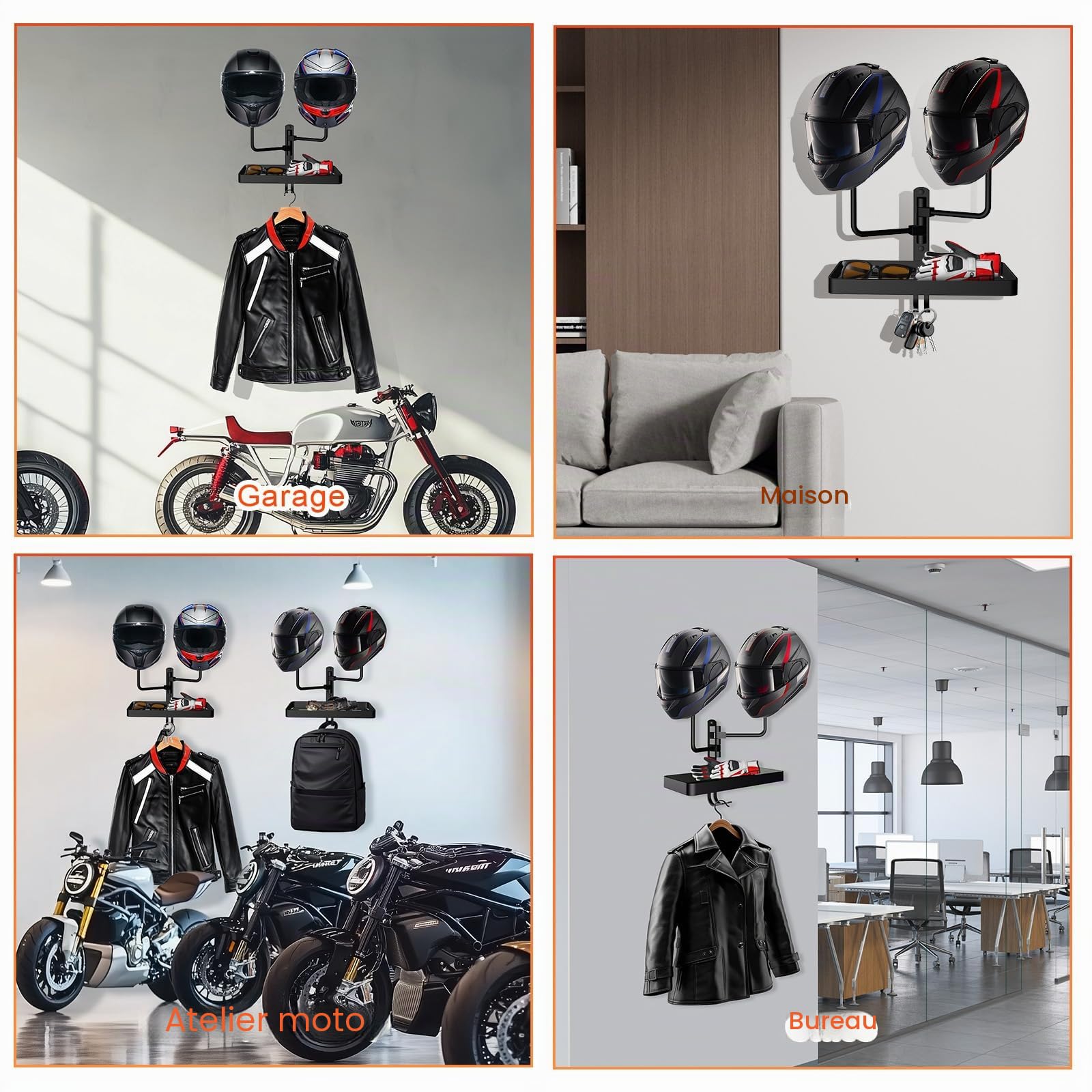 Porte Casque Moto Mural, Support Mural pour Casque Rotation à 180 degrés, 2 Moto Crochet avec Étagère de Rangement pour Manteaux de Baseball, Casquettes et Casque de Rugby